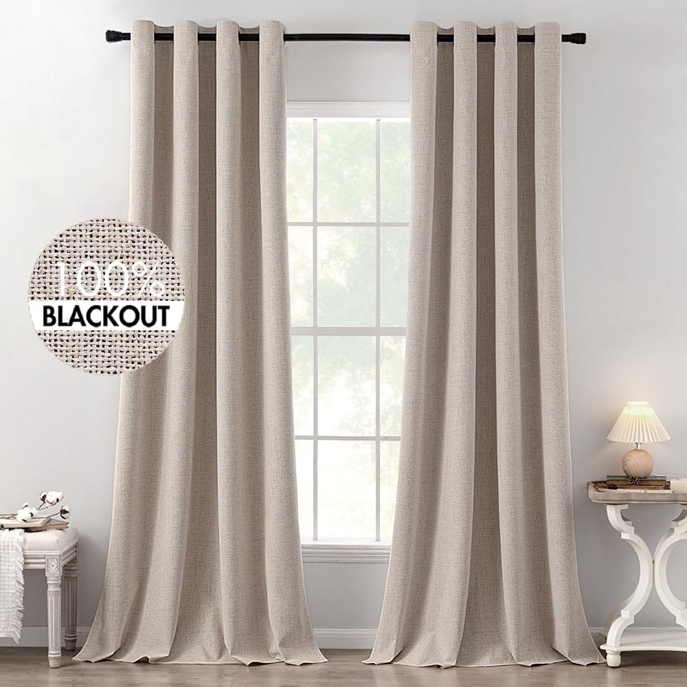 MIULEE 100% Blackout Linen Textured Curtains for Bedroom Solid Thermal Insulated Natural Beige Grommet Room Darkening Curtains & Drapes Luxury Decor for Living Room Nursery 62 x 96 Inch (2 Panels)