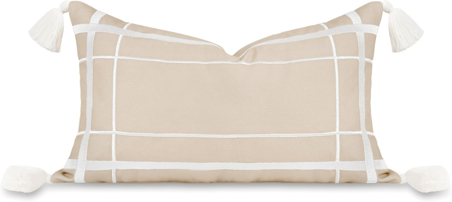 Hofdeco Premium Coastal Patio Indoor Outdoor Scalloped Throw Pillow Cover Only, 20"x20" Water Repellent for Backyard, Couch, Neutral Tan Print Stripes