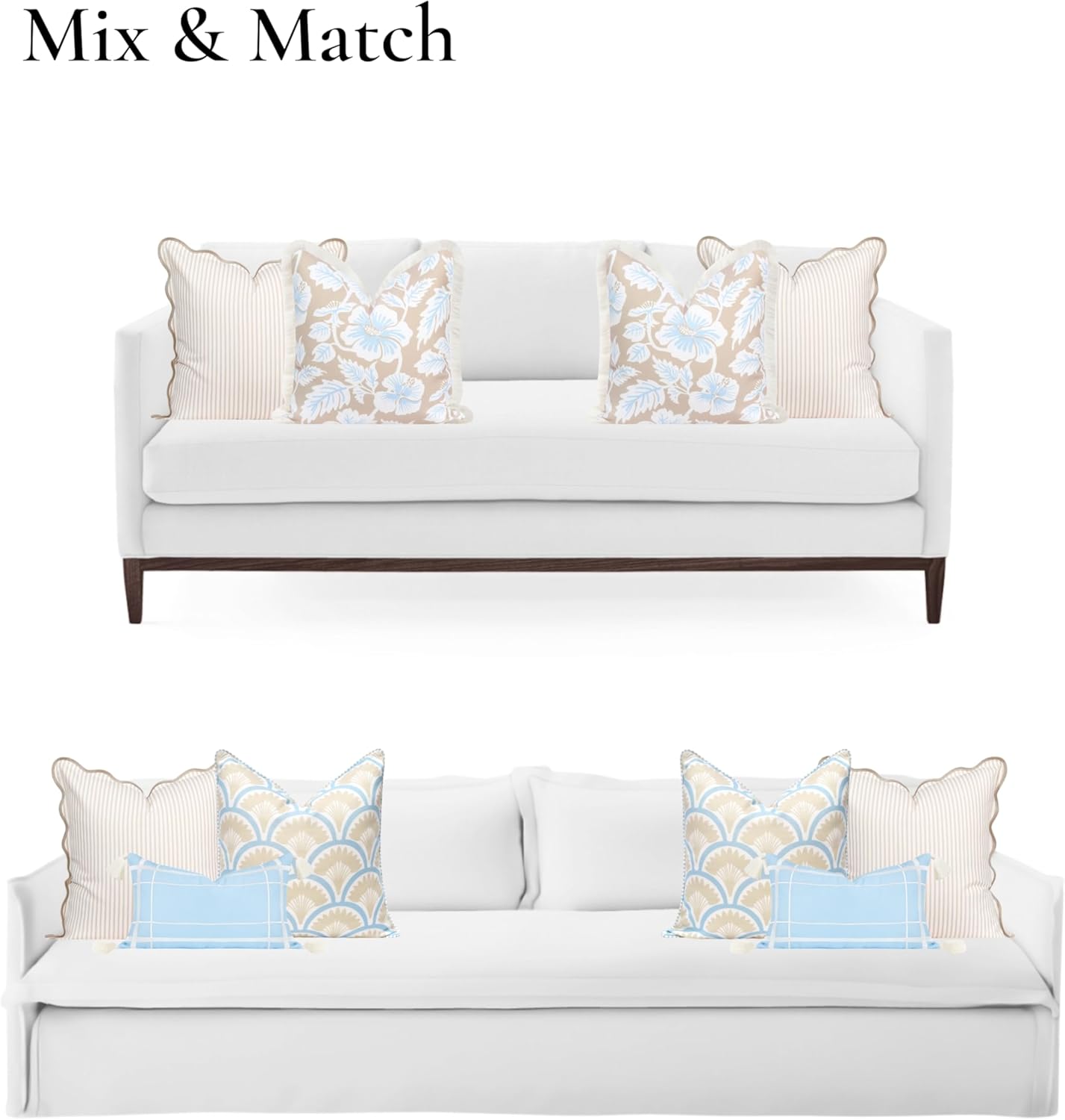 Hofdeco Premium Coastal Patio Indoor Outdoor Scalloped Throw Pillow Cover Only, 20"x20" Water Repellent for Backyard, Couch, Neutral Tan Print Stripes