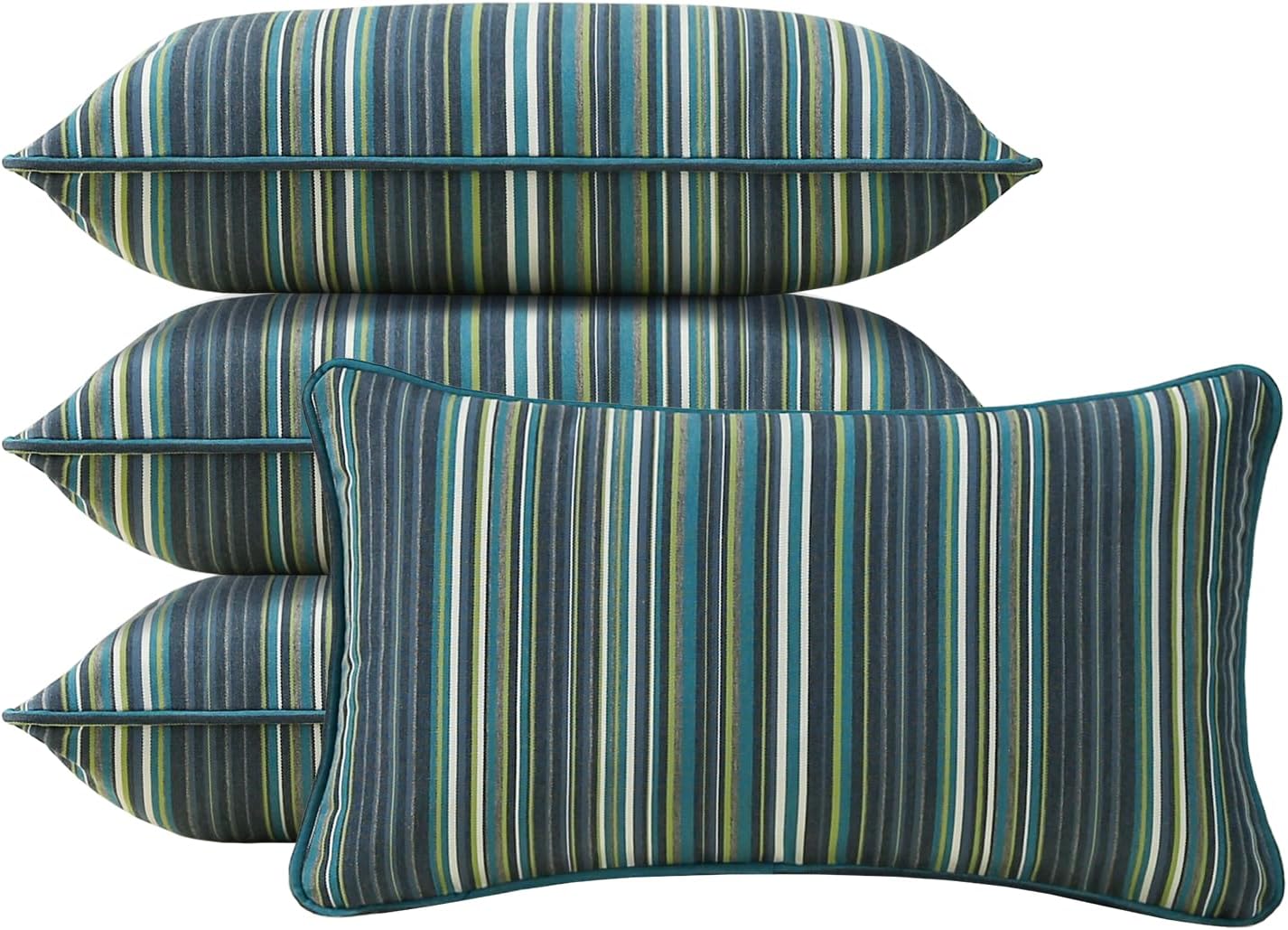 Decorative Outdoor Water Repellent Throw Pillows with Inserts, Set of 4, 18" x18" Pillows for Patio, Backyard, Bed, Couch, and Patio Furniture, Turquoise Stripe