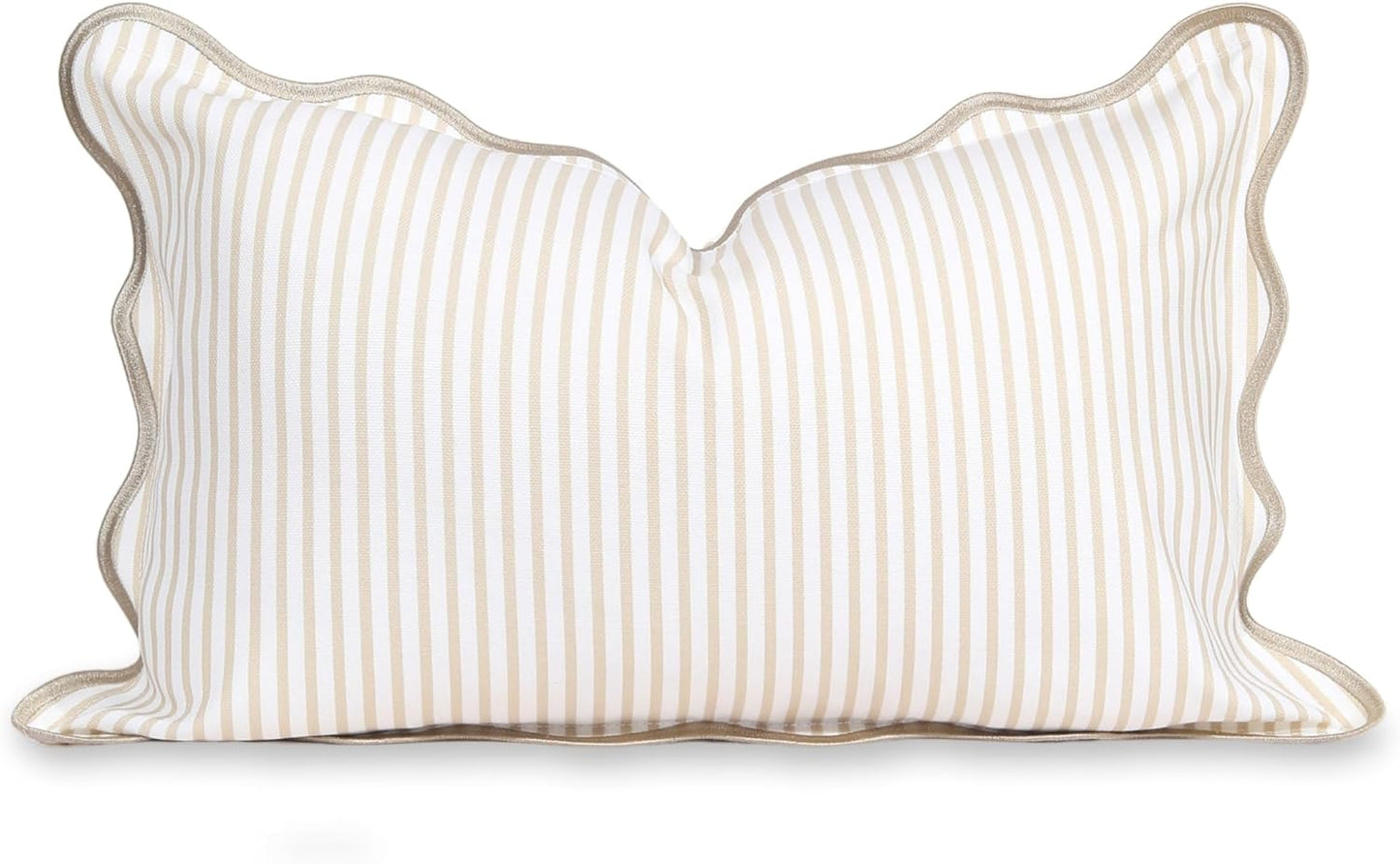 Hofdeco Premium Coastal Patio Indoor Outdoor Scalloped Throw Pillow Cover Only, 20"x20" Water Repellent for Backyard, Couch, Neutral Tan Print Stripes