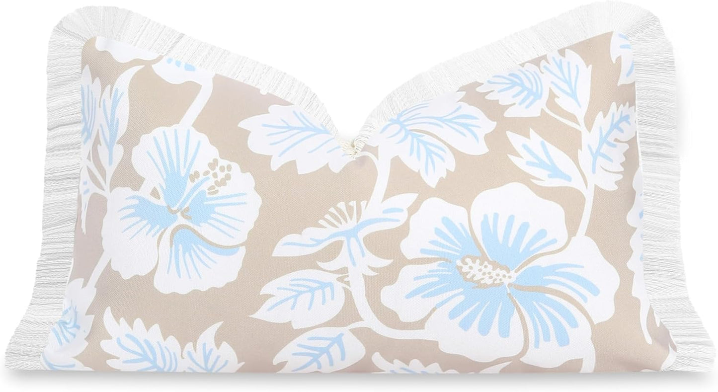 Hofdeco Premium Coastal Patio Indoor Outdoor Scalloped Throw Pillow Cover Only, 20"x20" Water Repellent for Backyard, Couch, Neutral Tan Print Stripes