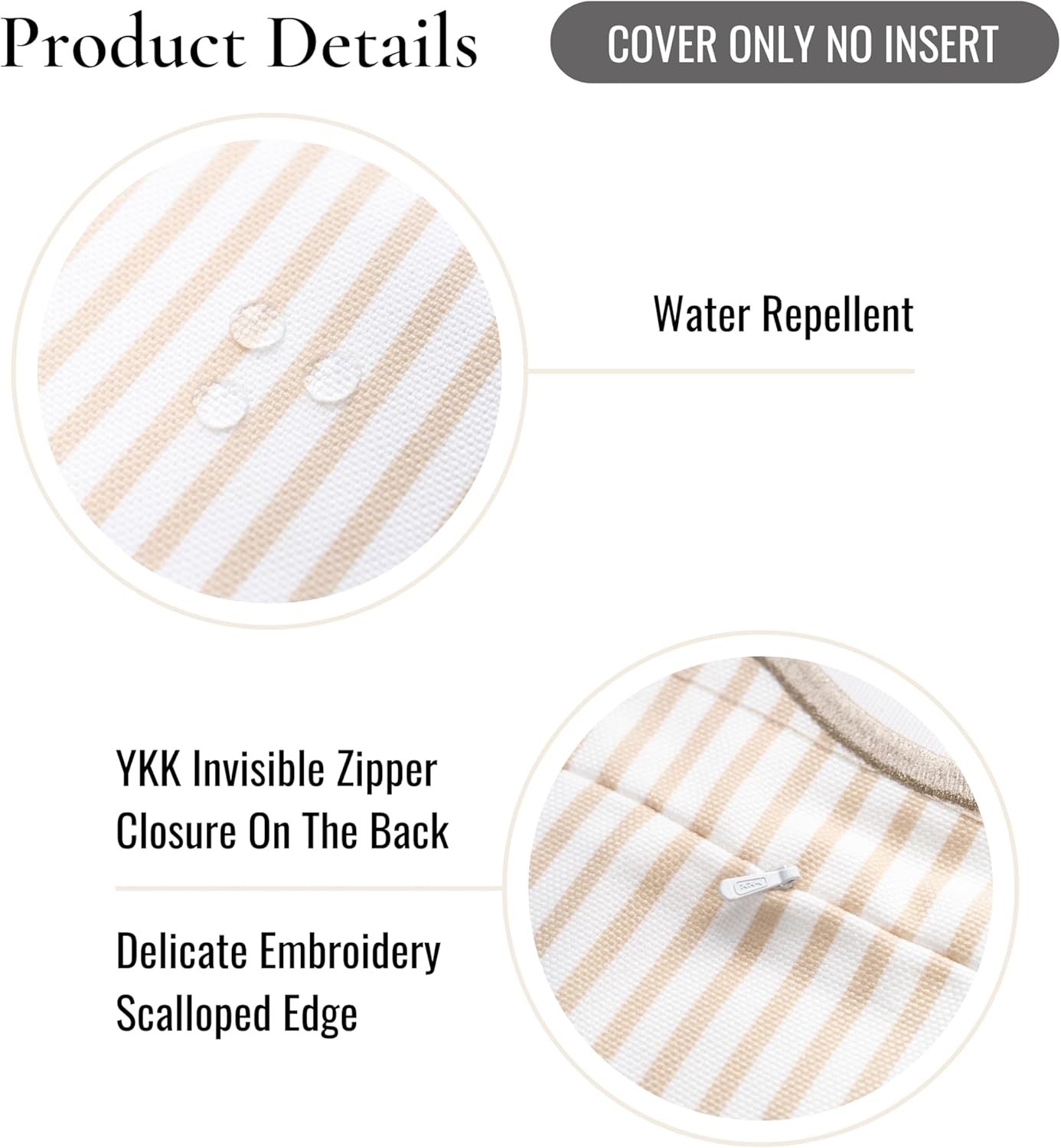 Hofdeco Premium Coastal Patio Indoor Outdoor Scalloped Throw Pillow Cover Only, 20"x20" Water Repellent for Backyard, Couch, Neutral Tan Print Stripes