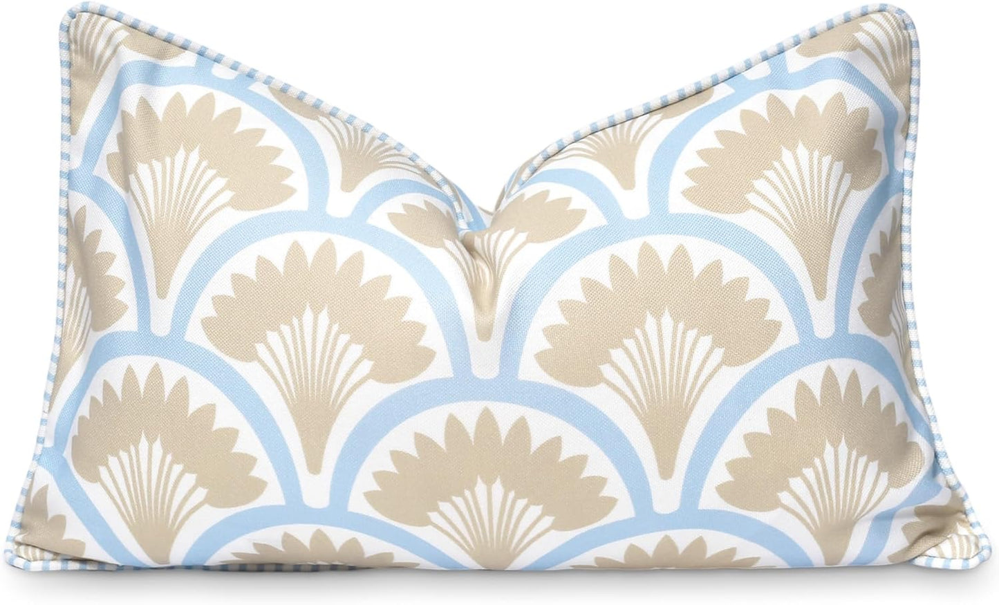 Hofdeco Premium Coastal Patio Indoor Outdoor Scalloped Throw Pillow Cover Only, 20"x20" Water Repellent for Backyard, Couch, Neutral Tan Print Stripes