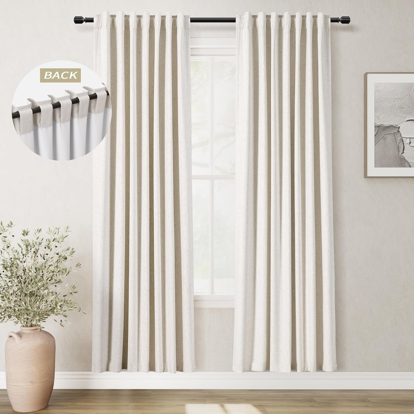 Natural Linen 100% Blackout Curtains for Bedroom 102 Inch Long 2 Panels Window Curtain Floor To Ceiling Length for Living Room Sliding Glass Door Back Tab Cream Linen Room Darkening Drapes 52x102