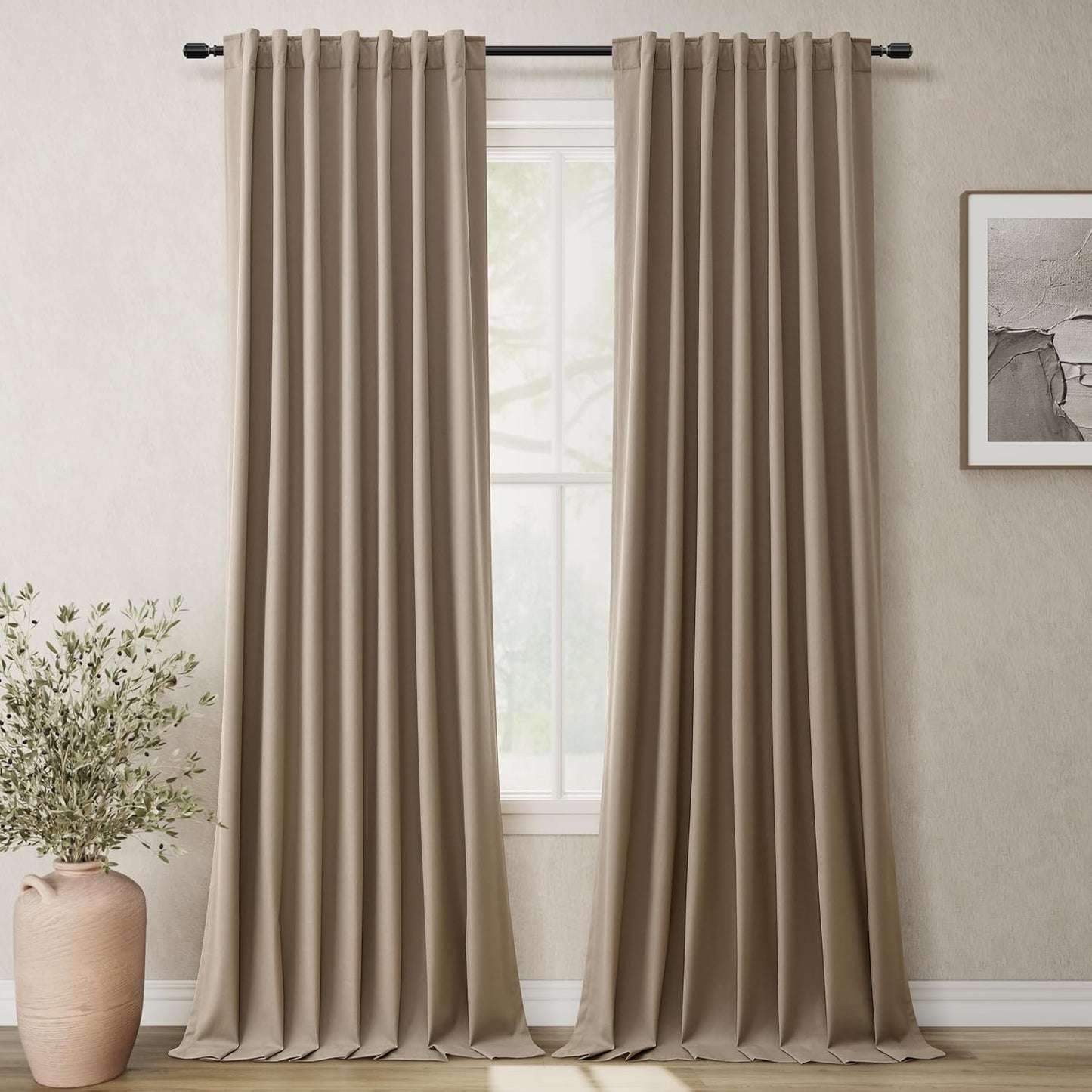 Natural Linen 100% Blackout Curtains for Bedroom 102 Inch Long 2 Panels Window Curtain Floor To Ceiling Length for Living Room Sliding Glass Door Back Tab Cream Linen Room Darkening Drapes 52x102
