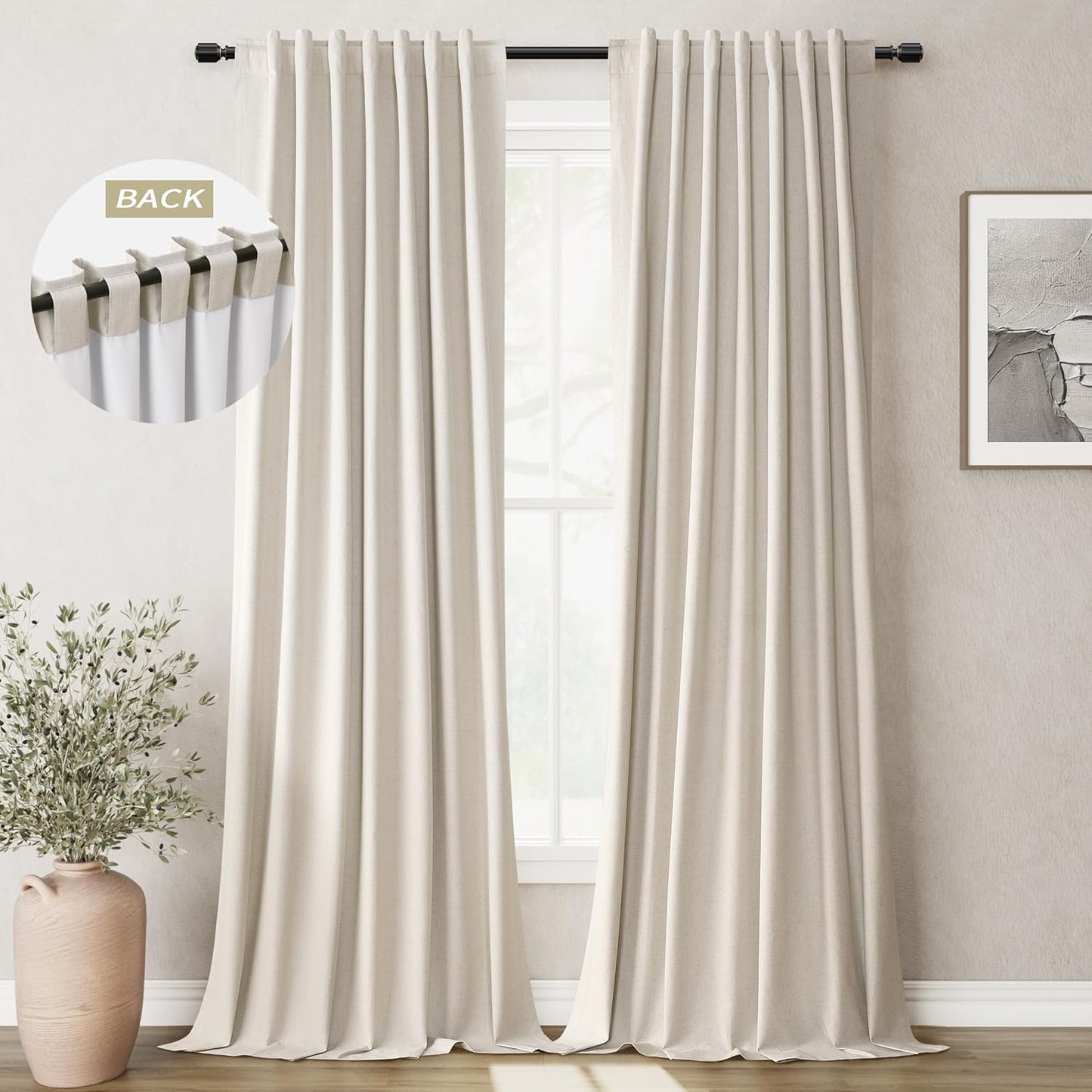 Natural Linen 100% Blackout Curtains for Bedroom 102 Inch Long 2 Panels Window Curtain Floor To Ceiling Length for Living Room Sliding Glass Door Back Tab Cream Linen Room Darkening Drapes 52x102