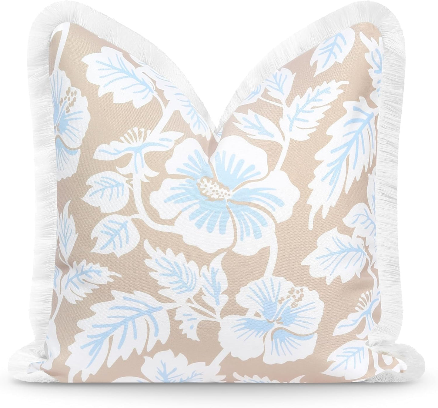 Hofdeco Premium Coastal Patio Indoor Outdoor Scalloped Throw Pillow Cover Only, 20"x20" Water Repellent for Backyard, Couch, Neutral Tan Print Stripes