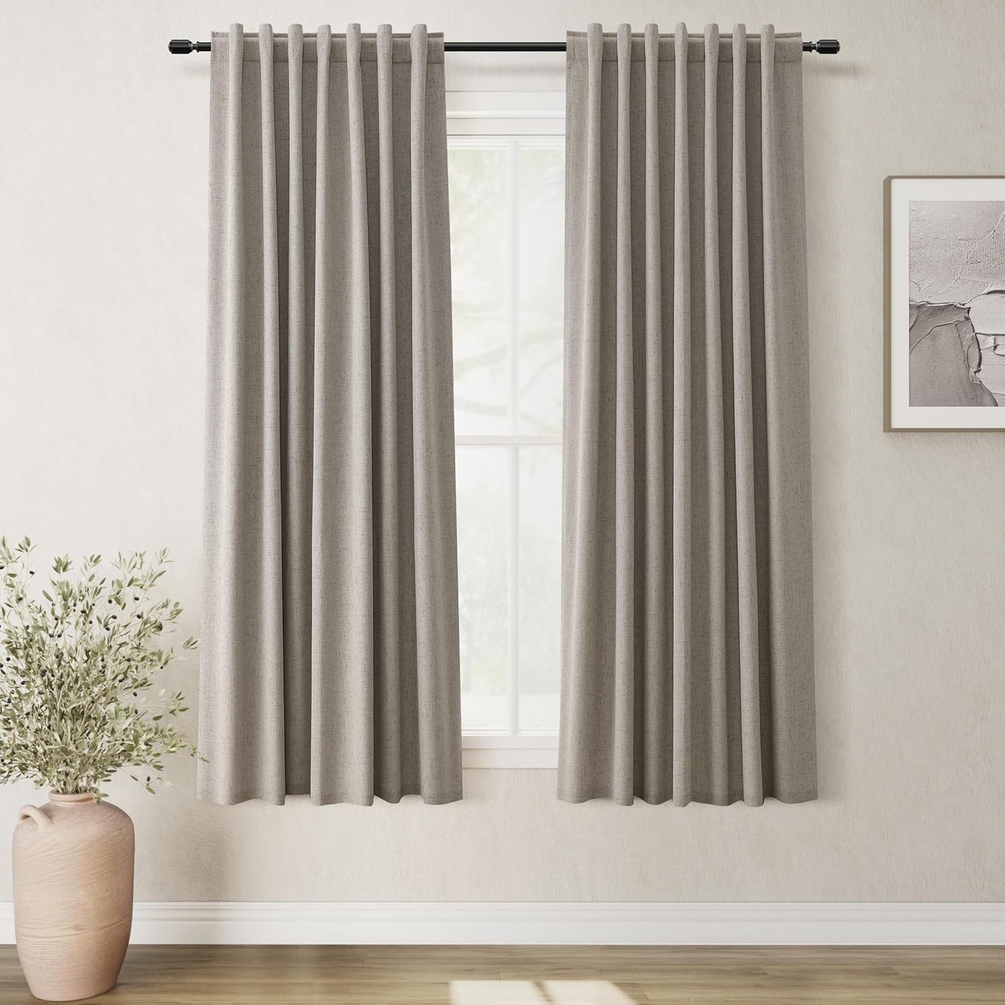 Natural Linen 100% Blackout Curtains for Bedroom 102 Inch Long 2 Panels Window Curtain Floor To Ceiling Length for Living Room Sliding Glass Door Back Tab Cream Linen Room Darkening Drapes 52x102