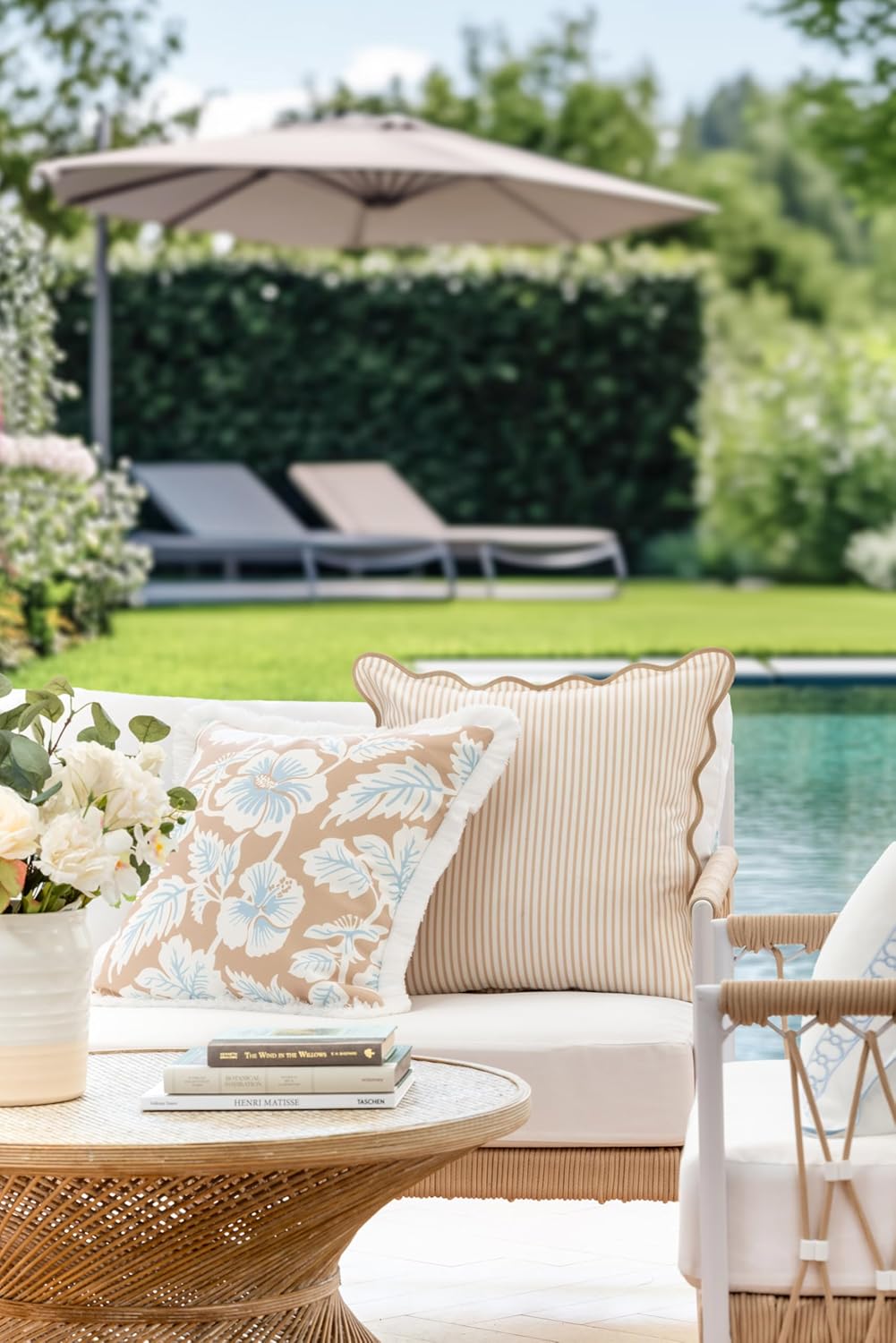 Hofdeco Premium Coastal Patio Indoor Outdoor Scalloped Throw Pillow Cover Only, 20"x20" Water Repellent for Backyard, Couch, Neutral Tan Print Stripes