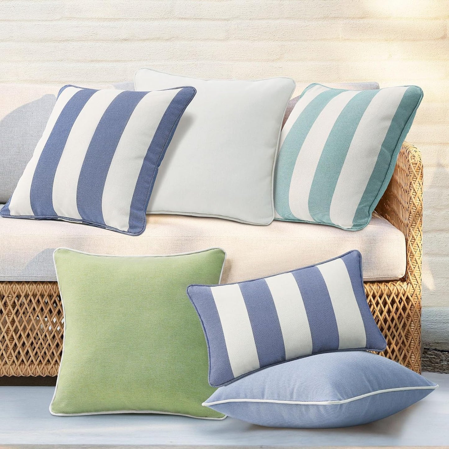 Decorative Outdoor Water Repellent Throw Pillows with Inserts, Set of 4, 18" x18" Pillows for Patio, Backyard, Bed, Couch, and Patio Furniture, Turquoise Stripe