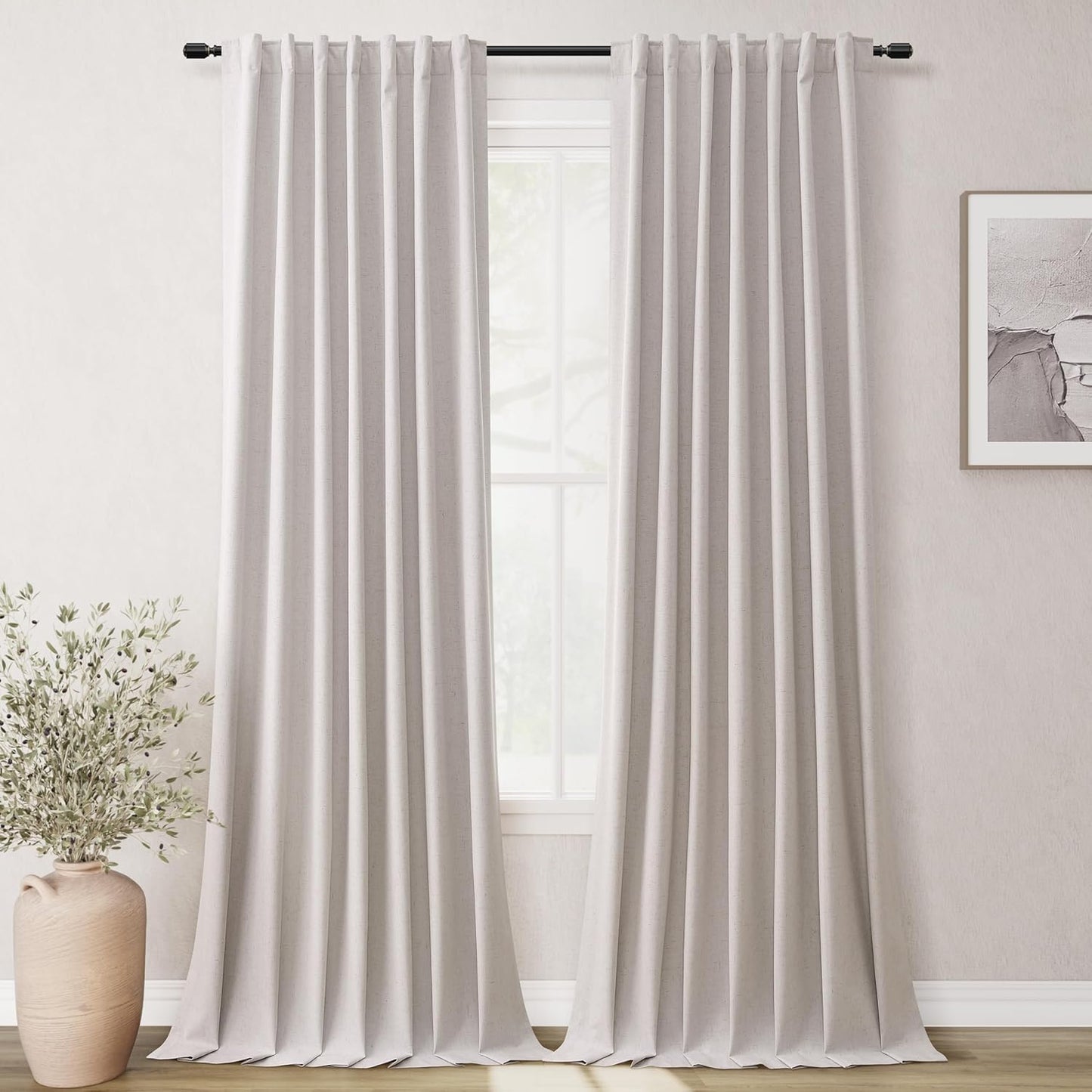 Natural Linen 100% Blackout Curtains for Bedroom 102 Inch Long 2 Panels Window Curtain Floor To Ceiling Length for Living Room Sliding Glass Door Back Tab Cream Linen Room Darkening Drapes 52x102