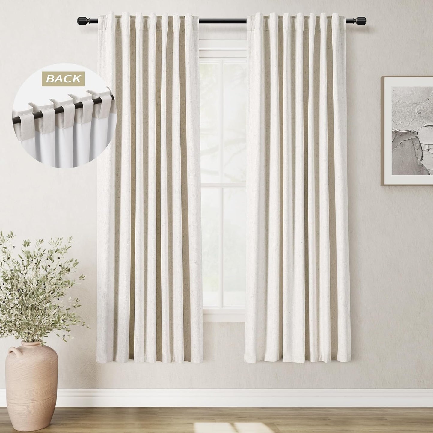 Natural Linen 100% Blackout Curtains for Bedroom 102 Inch Long 2 Panels Window Curtain Floor To Ceiling Length for Living Room Sliding Glass Door Back Tab Cream Linen Room Darkening Drapes 52x102
