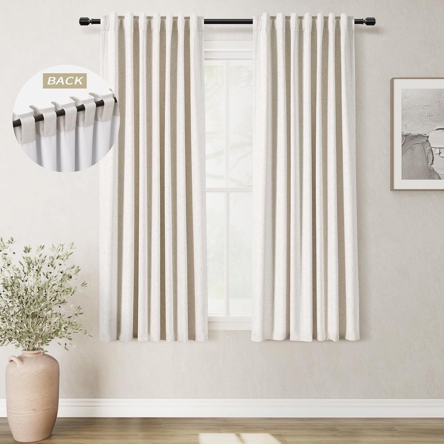 Natural Linen 100% Blackout Curtains for Bedroom 102 Inch Long 2 Panels Window Curtain Floor To Ceiling Length for Living Room Sliding Glass Door Back Tab Cream Linen Room Darkening Drapes 52x102