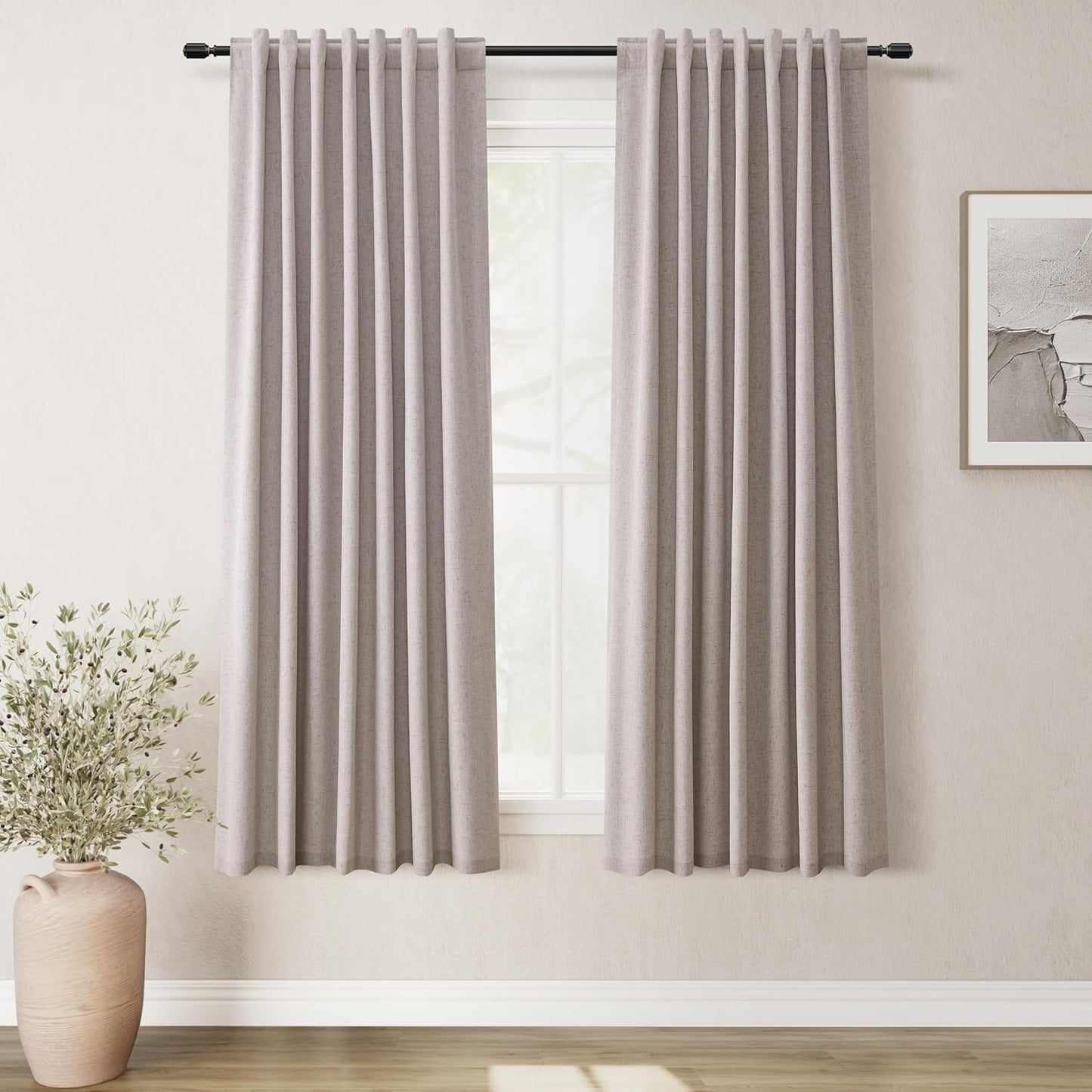 Natural Linen 100% Blackout Curtains for Bedroom 102 Inch Long 2 Panels Window Curtain Floor To Ceiling Length for Living Room Sliding Glass Door Back Tab Cream Linen Room Darkening Drapes 52x102