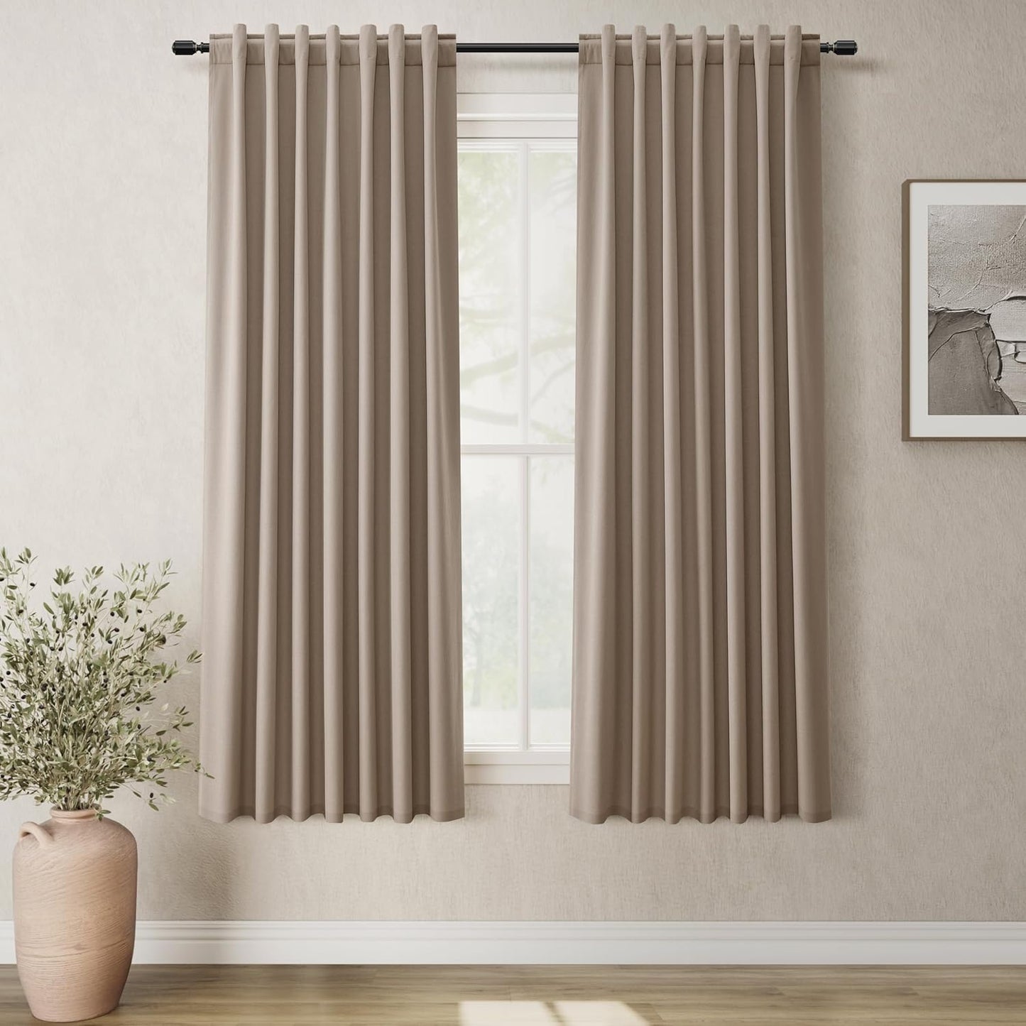 Natural Linen 100% Blackout Curtains for Bedroom 102 Inch Long 2 Panels Window Curtain Floor To Ceiling Length for Living Room Sliding Glass Door Back Tab Cream Linen Room Darkening Drapes 52x102