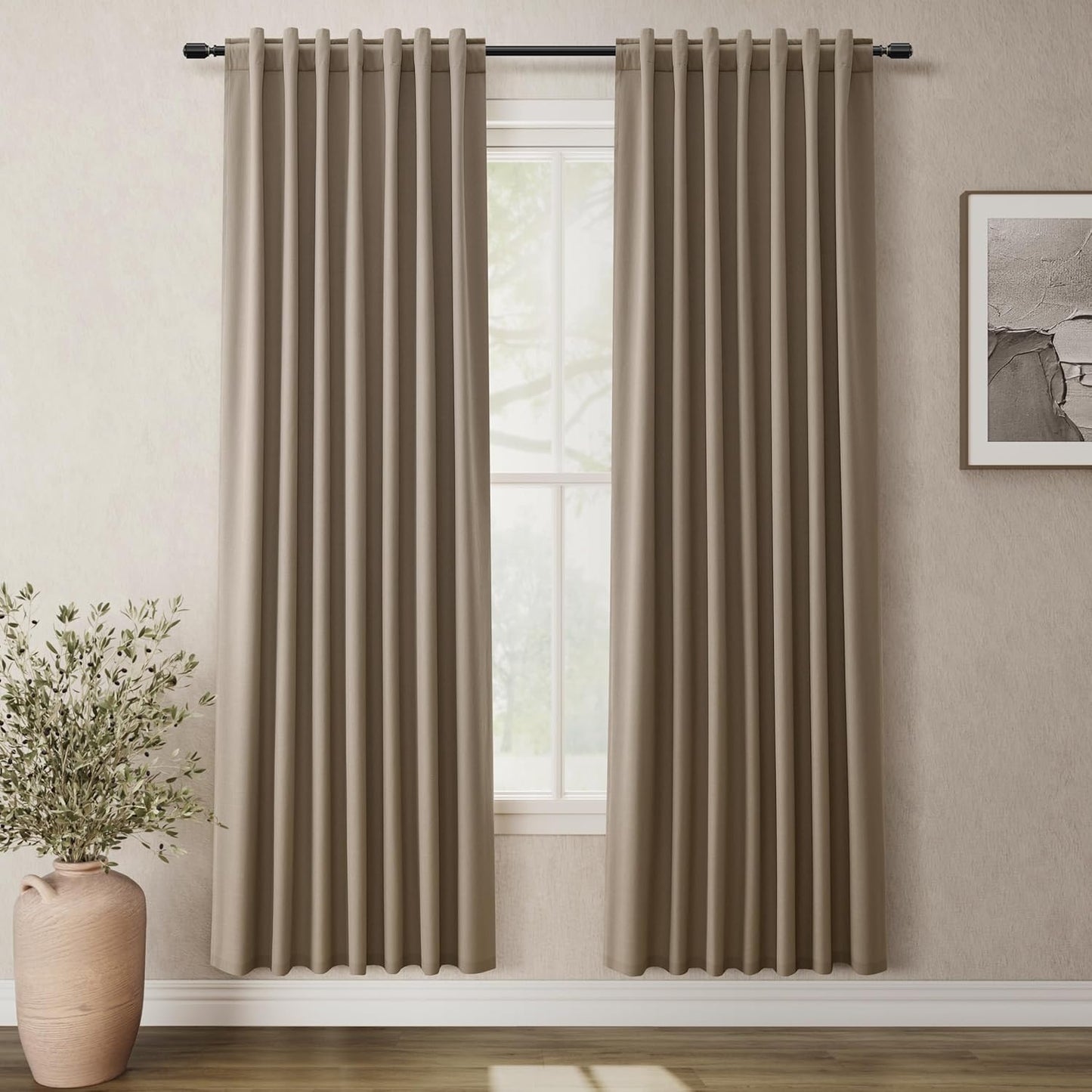 Natural Linen 100% Blackout Curtains for Bedroom 102 Inch Long 2 Panels Window Curtain Floor To Ceiling Length for Living Room Sliding Glass Door Back Tab Cream Linen Room Darkening Drapes 52x102