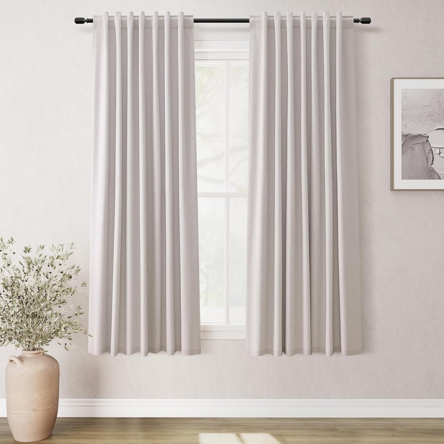 Natural Linen 100% Blackout Curtains for Bedroom 102 Inch Long 2 Panels Window Curtain Floor To Ceiling Length for Living Room Sliding Glass Door Back Tab Cream Linen Room Darkening Drapes 52x102