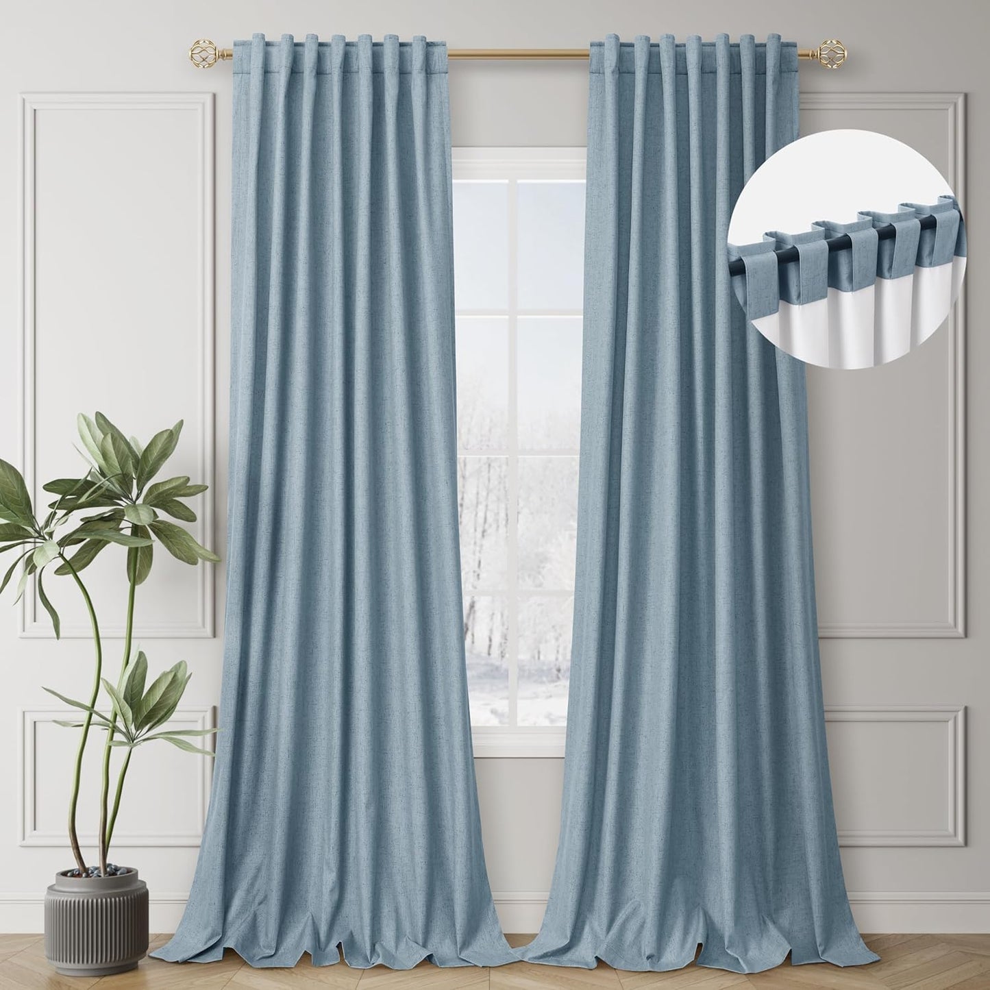 Natural Linen 100% Blackout Curtains for Bedroom 102 Inch Long 2 Panels Window Curtain Floor To Ceiling Length for Living Room Sliding Glass Door Back Tab Cream Linen Room Darkening Drapes 52x102