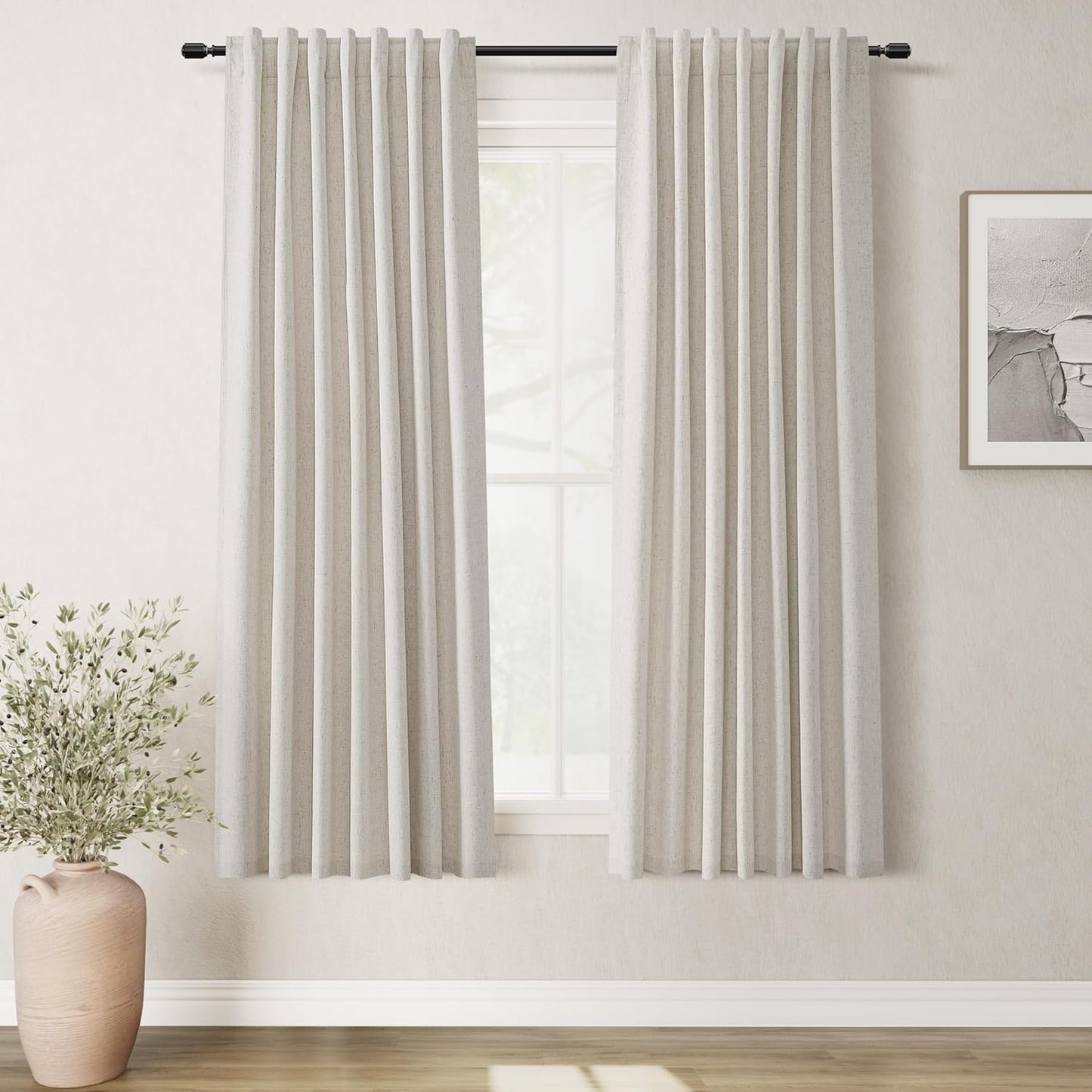 Natural Linen 100% Blackout Curtains for Bedroom 102 Inch Long 2 Panels Window Curtain Floor To Ceiling Length for Living Room Sliding Glass Door Back Tab Cream Linen Room Darkening Drapes 52x102