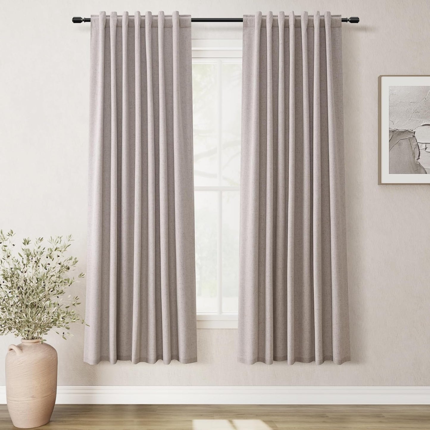 Natural Linen 100% Blackout Curtains for Bedroom 102 Inch Long 2 Panels Window Curtain Floor To Ceiling Length for Living Room Sliding Glass Door Back Tab Cream Linen Room Darkening Drapes 52x102