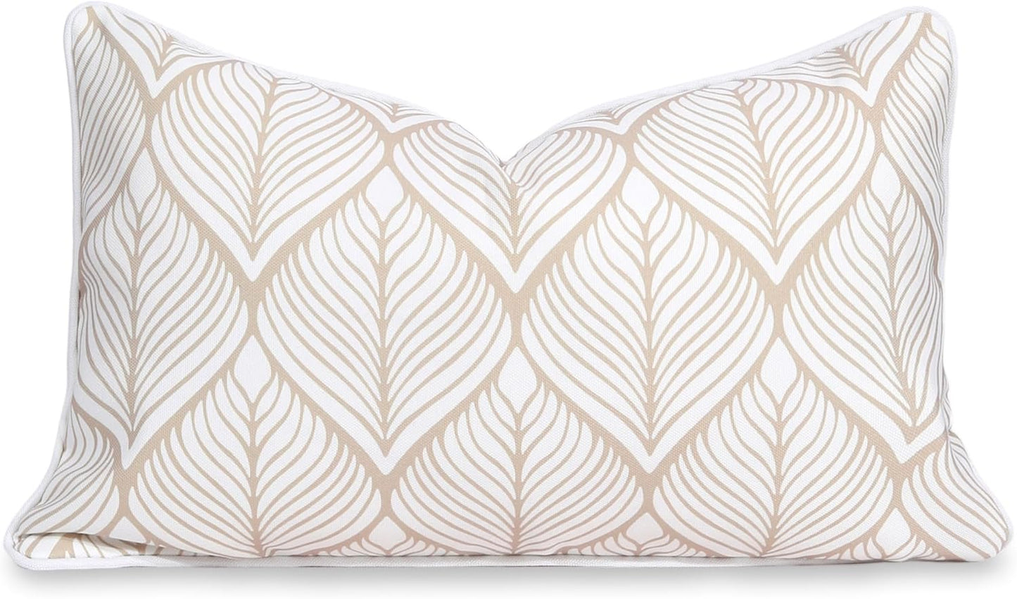 Hofdeco Premium Coastal Patio Indoor Outdoor Scalloped Throw Pillow Cover Only, 20"x20" Water Repellent for Backyard, Couch, Neutral Tan Print Stripes