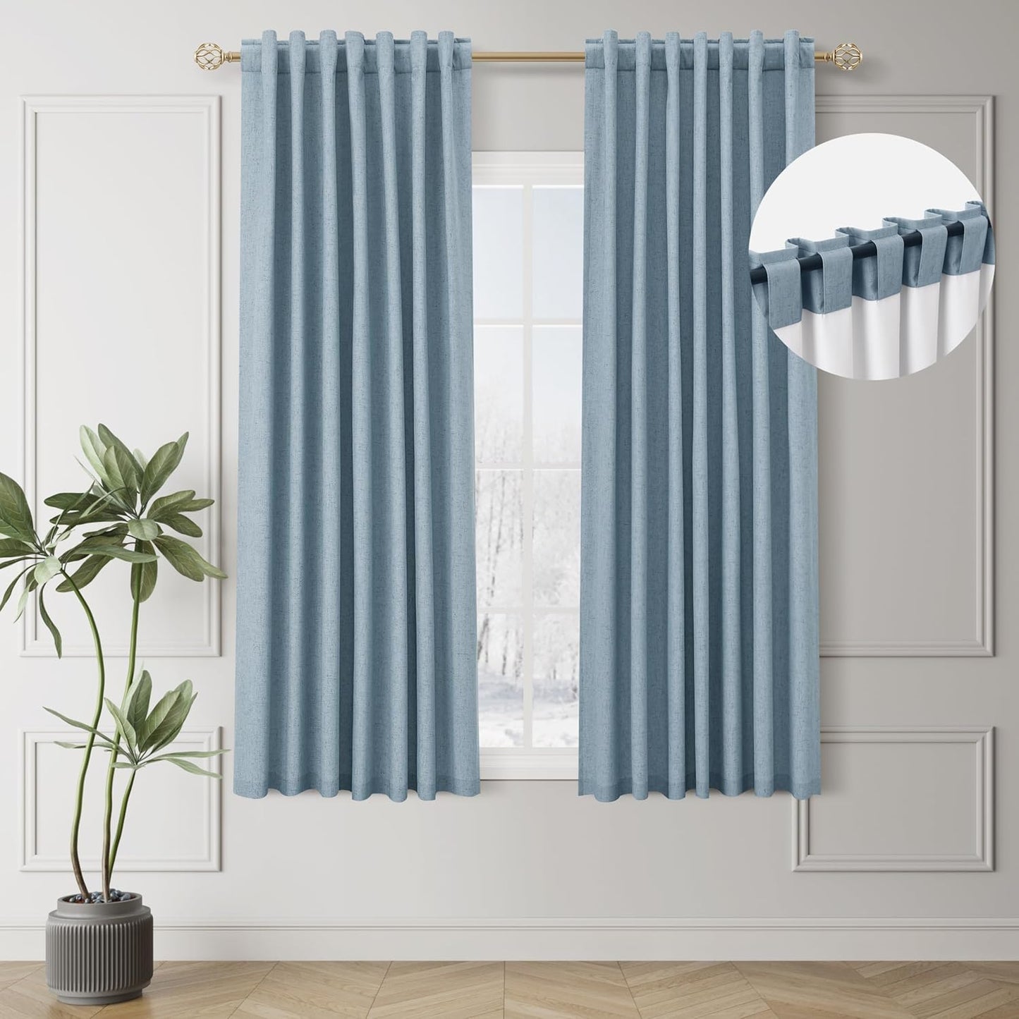 Natural Linen 100% Blackout Curtains for Bedroom 102 Inch Long 2 Panels Window Curtain Floor To Ceiling Length for Living Room Sliding Glass Door Back Tab Cream Linen Room Darkening Drapes 52x102