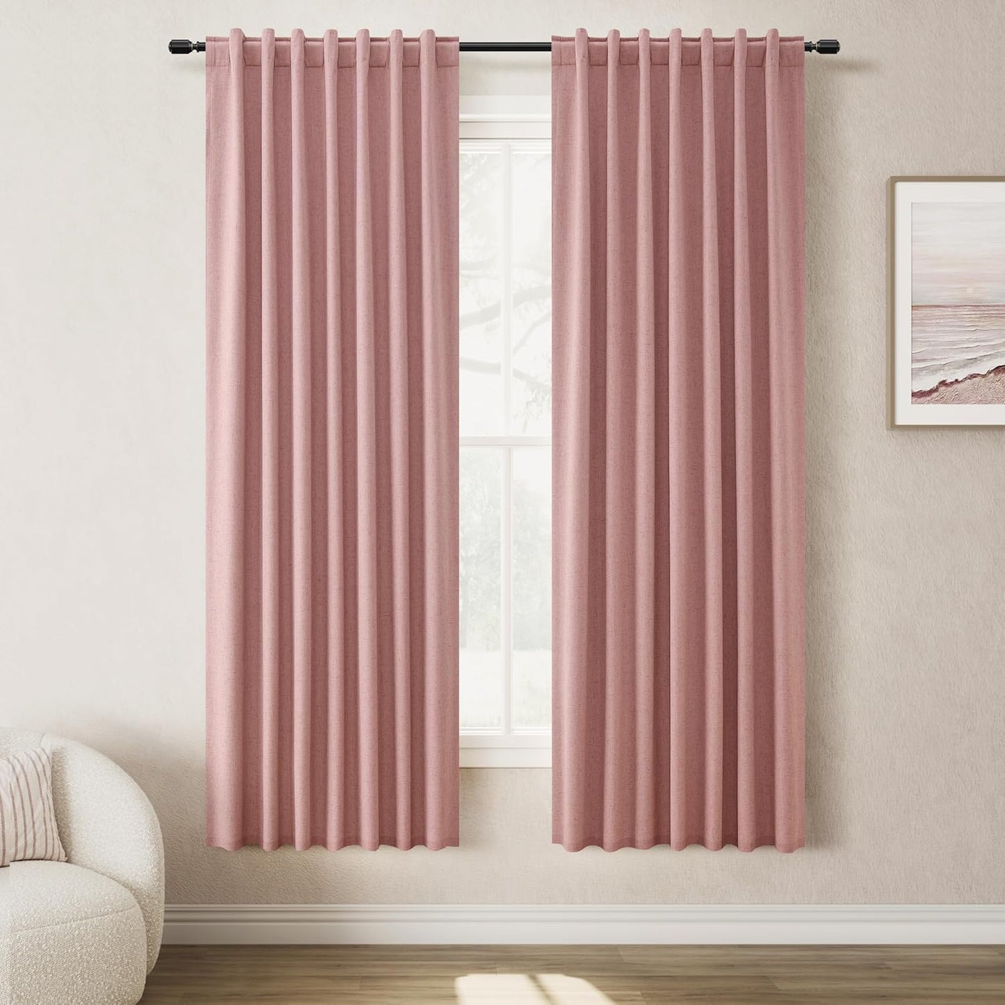 Natural Linen 100% Blackout Curtains for Bedroom 102 Inch Long 2 Panels Window Curtain Floor To Ceiling Length for Living Room Sliding Glass Door Back Tab Cream Linen Room Darkening Drapes 52x102