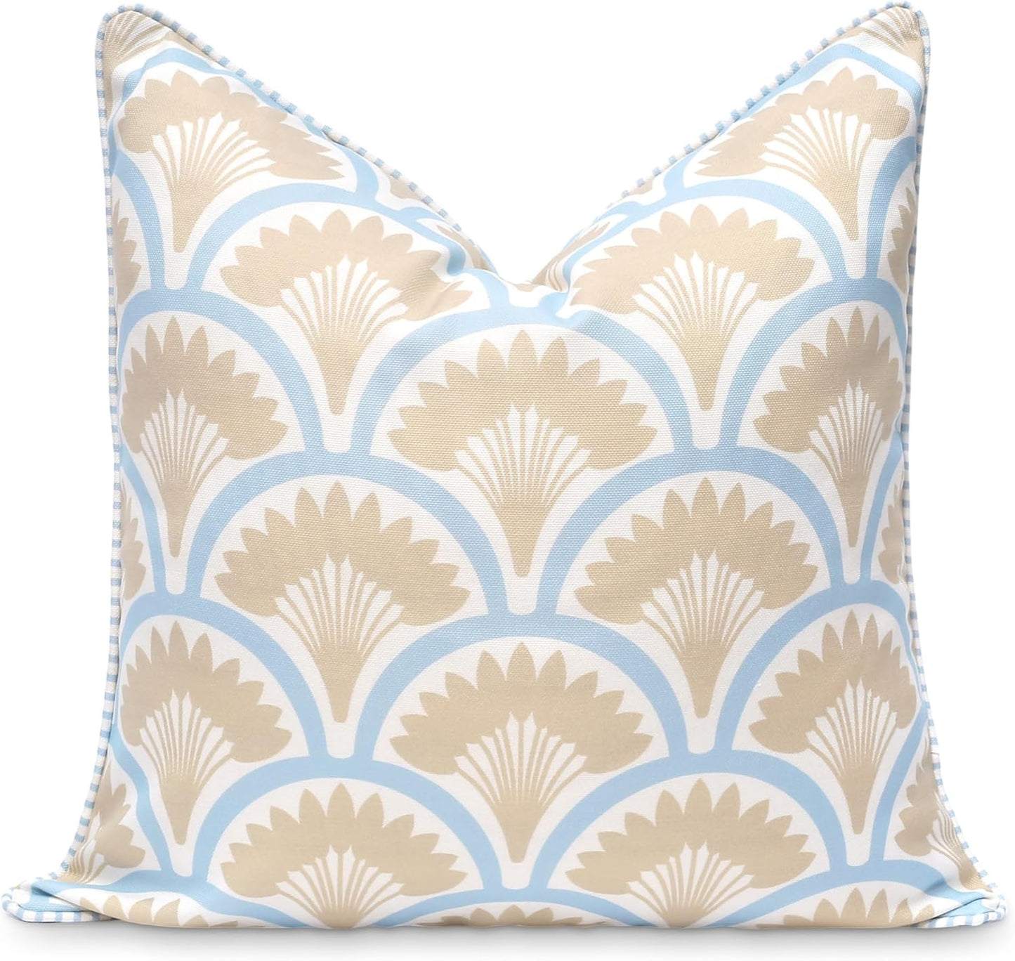 Hofdeco Premium Coastal Patio Indoor Outdoor Scalloped Throw Pillow Cover Only, 20"x20" Water Repellent for Backyard, Couch, Neutral Tan Print Stripes