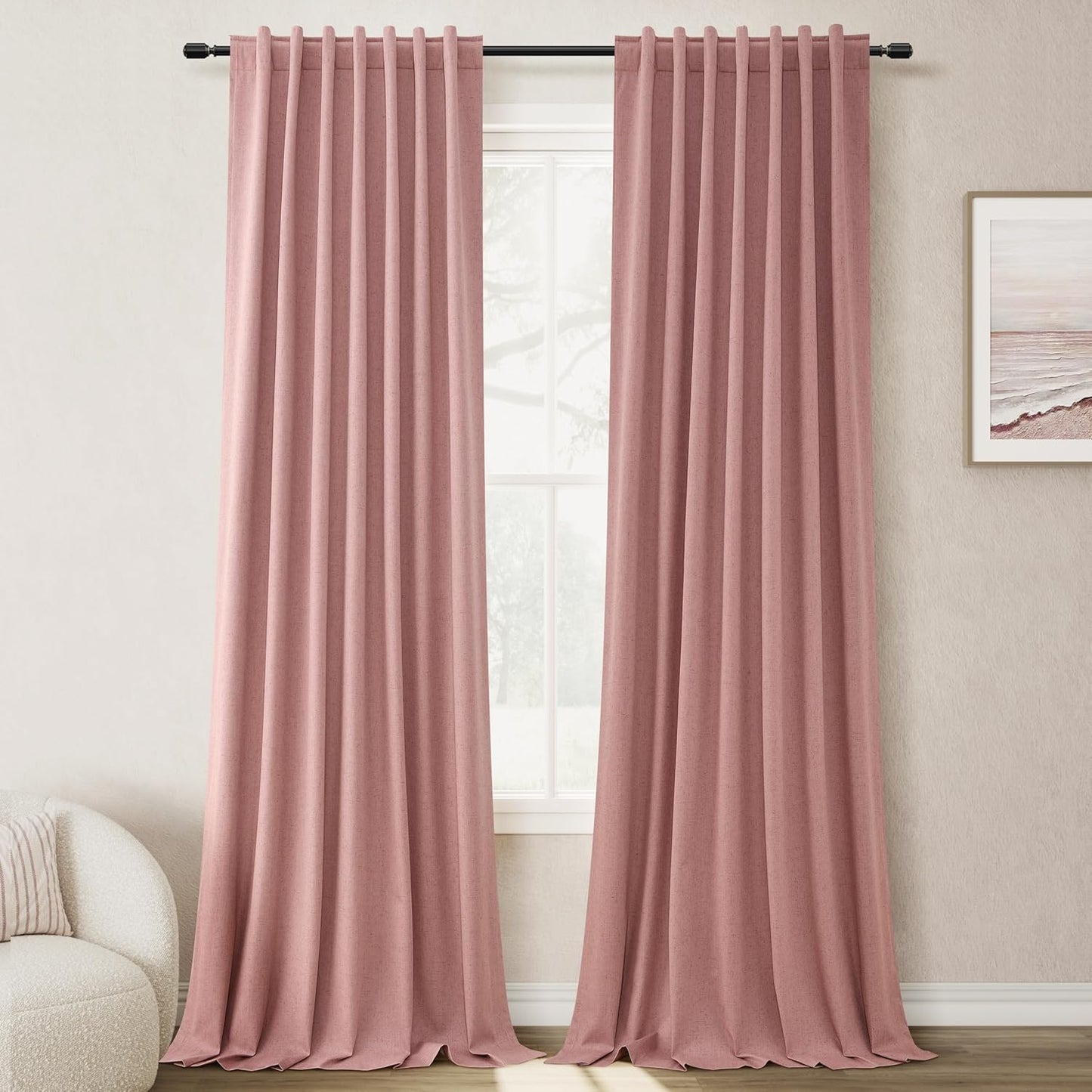 Natural Linen 100% Blackout Curtains for Bedroom 102 Inch Long 2 Panels Window Curtain Floor To Ceiling Length for Living Room Sliding Glass Door Back Tab Cream Linen Room Darkening Drapes 52x102
