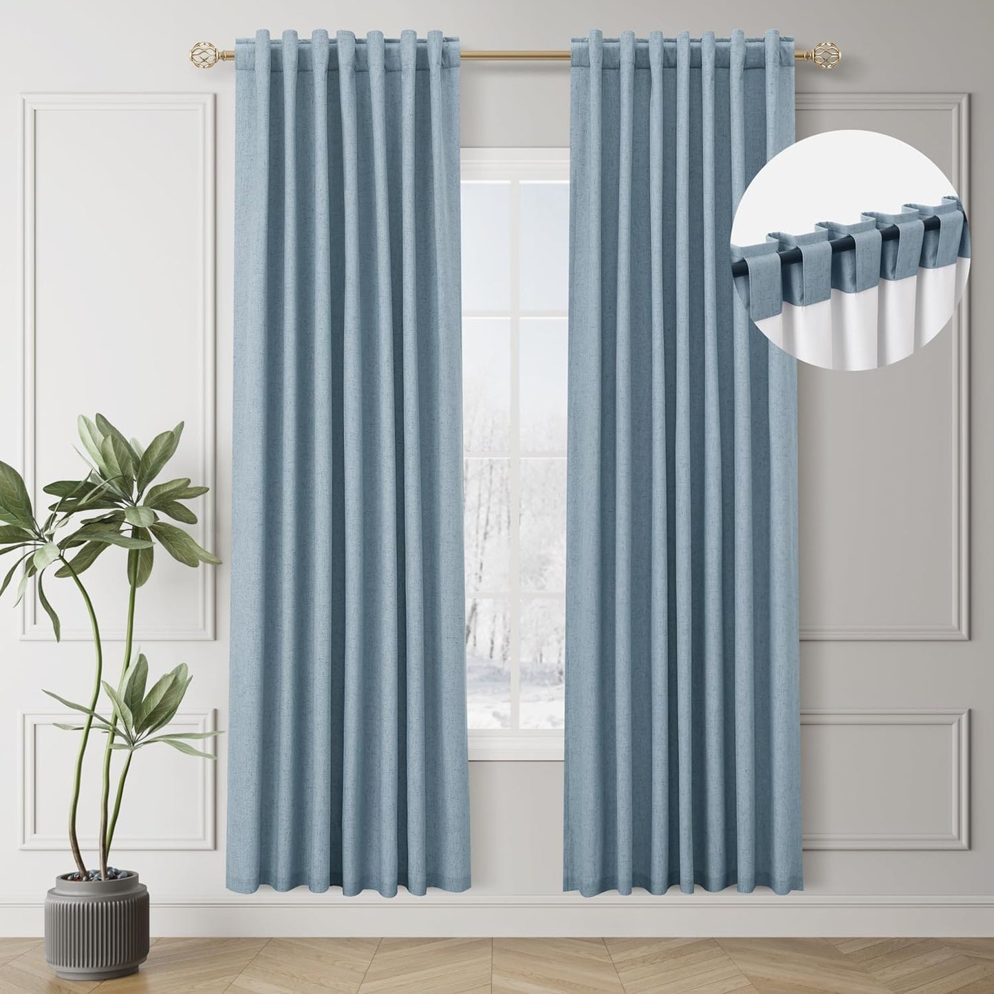 Natural Linen 100% Blackout Curtains for Bedroom 102 Inch Long 2 Panels Window Curtain Floor To Ceiling Length for Living Room Sliding Glass Door Back Tab Cream Linen Room Darkening Drapes 52x102