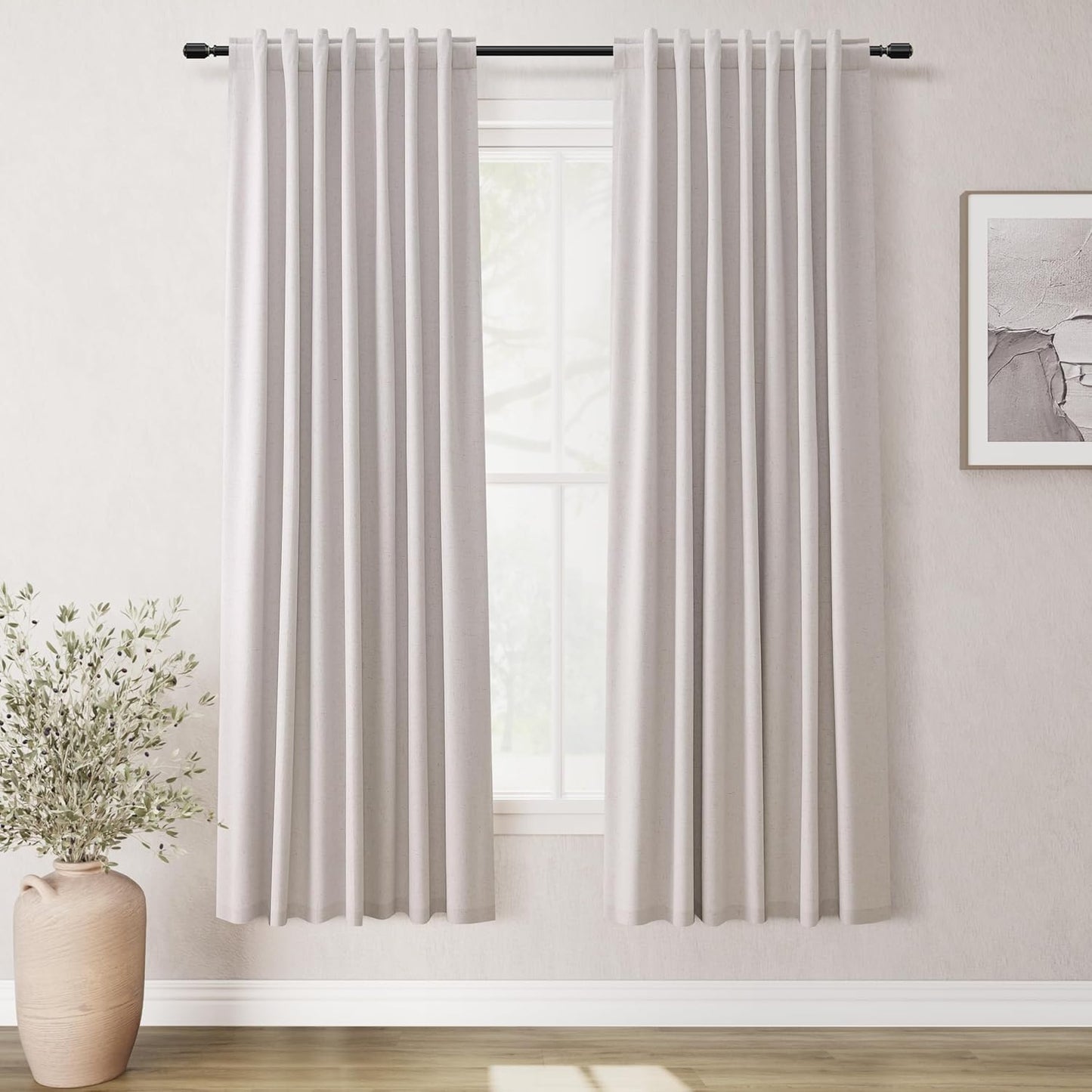 Natural Linen 100% Blackout Curtains for Bedroom 102 Inch Long 2 Panels Window Curtain Floor To Ceiling Length for Living Room Sliding Glass Door Back Tab Cream Linen Room Darkening Drapes 52x102