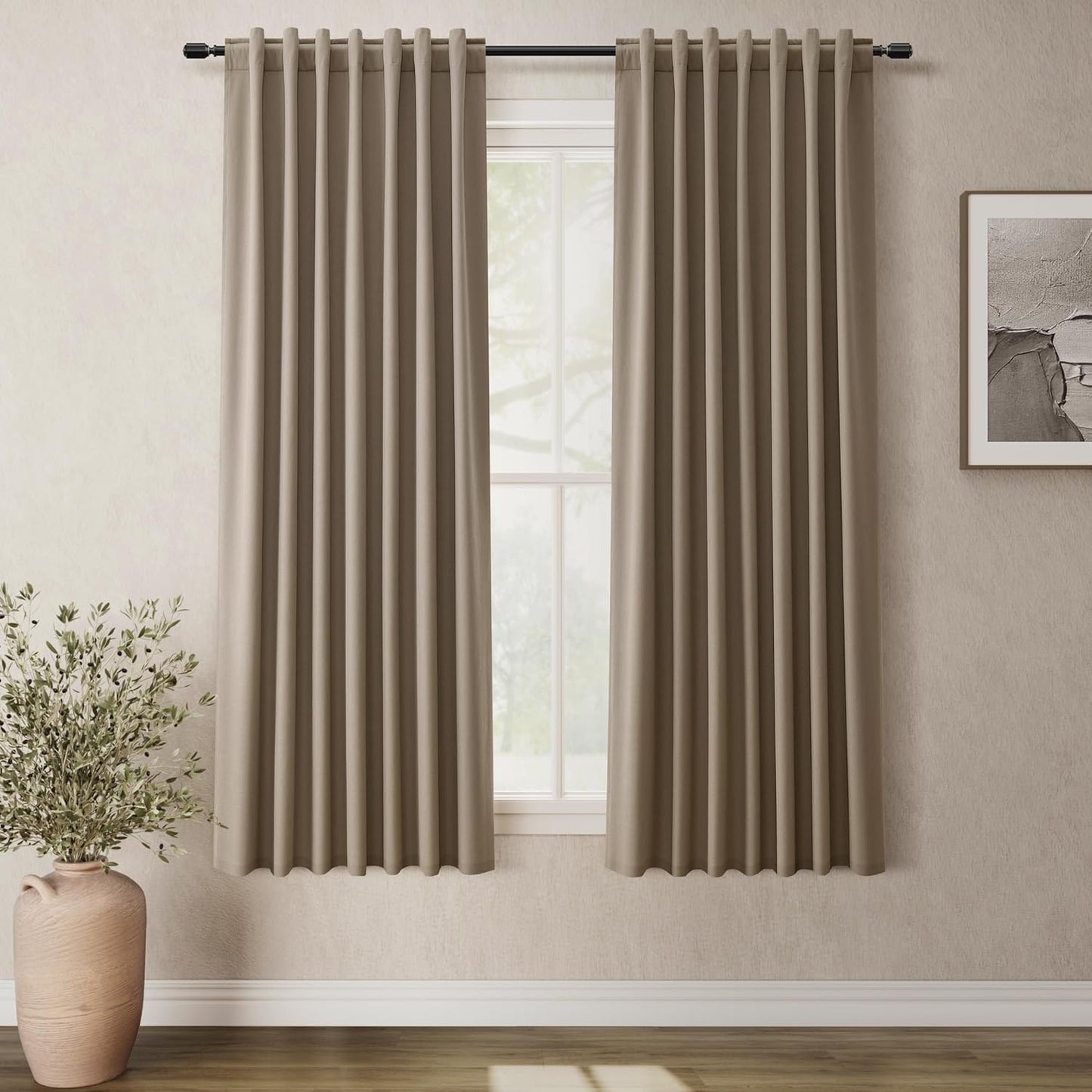 Natural Linen 100% Blackout Curtains for Bedroom 102 Inch Long 2 Panels Window Curtain Floor To Ceiling Length for Living Room Sliding Glass Door Back Tab Cream Linen Room Darkening Drapes 52x102