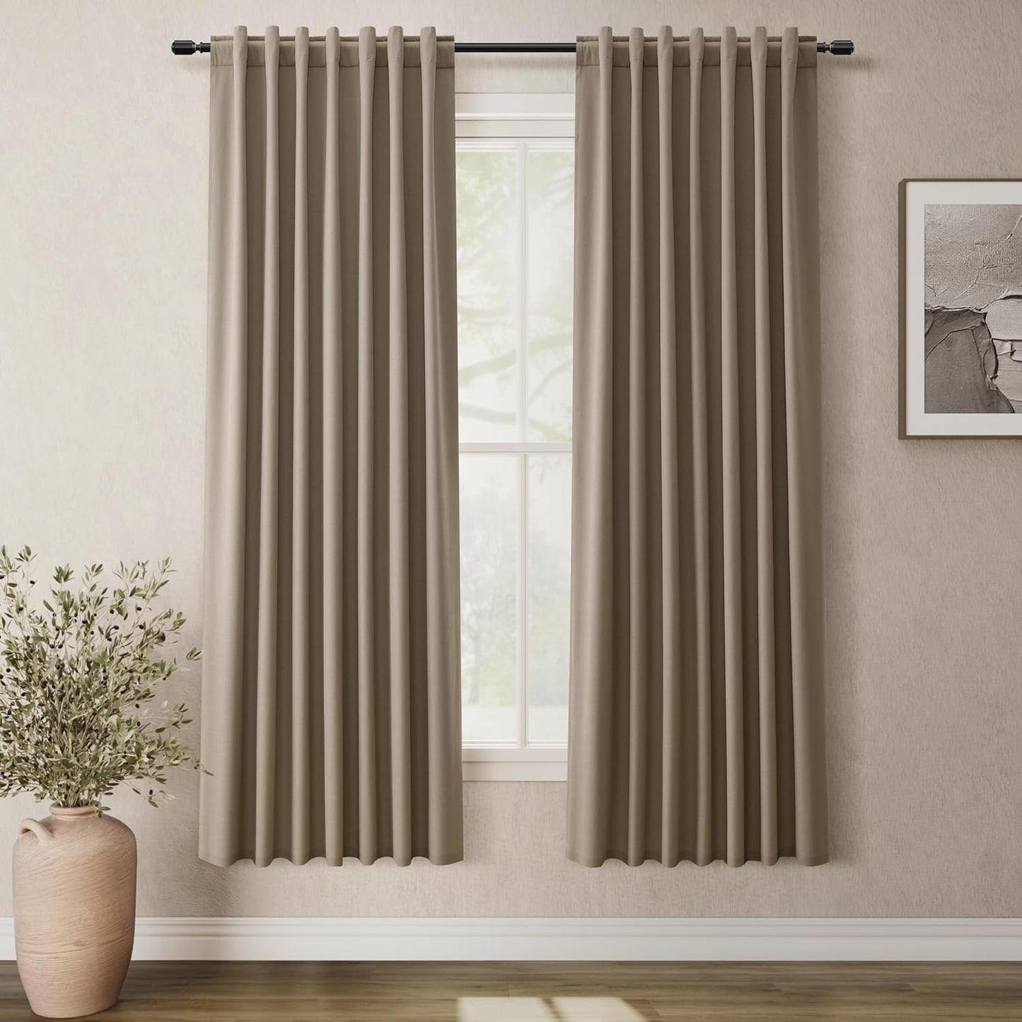 Natural Linen 100% Blackout Curtains for Bedroom 102 Inch Long 2 Panels Window Curtain Floor To Ceiling Length for Living Room Sliding Glass Door Back Tab Cream Linen Room Darkening Drapes 52x102