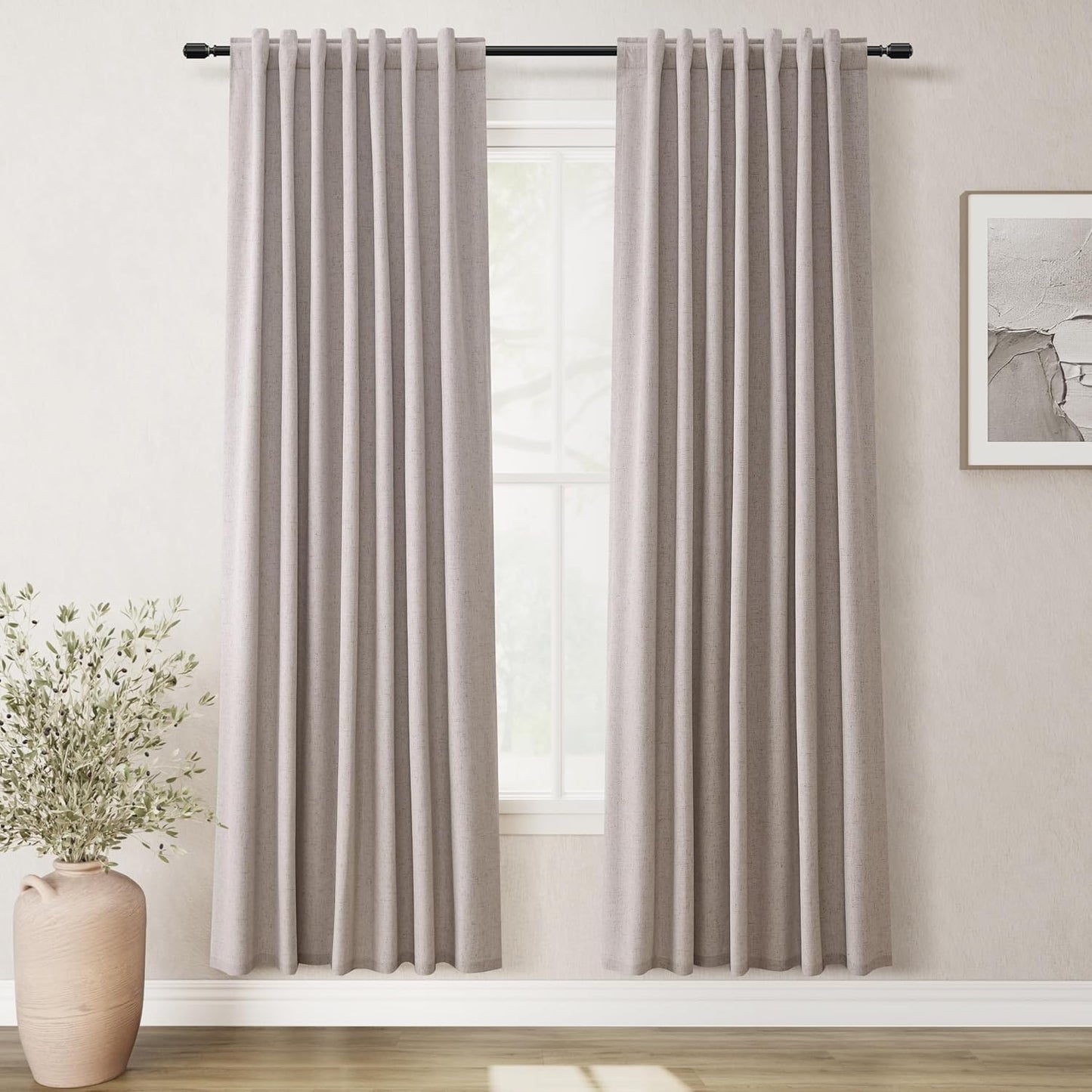 Natural Linen 100% Blackout Curtains for Bedroom 102 Inch Long 2 Panels Window Curtain Floor To Ceiling Length for Living Room Sliding Glass Door Back Tab Cream Linen Room Darkening Drapes 52x102