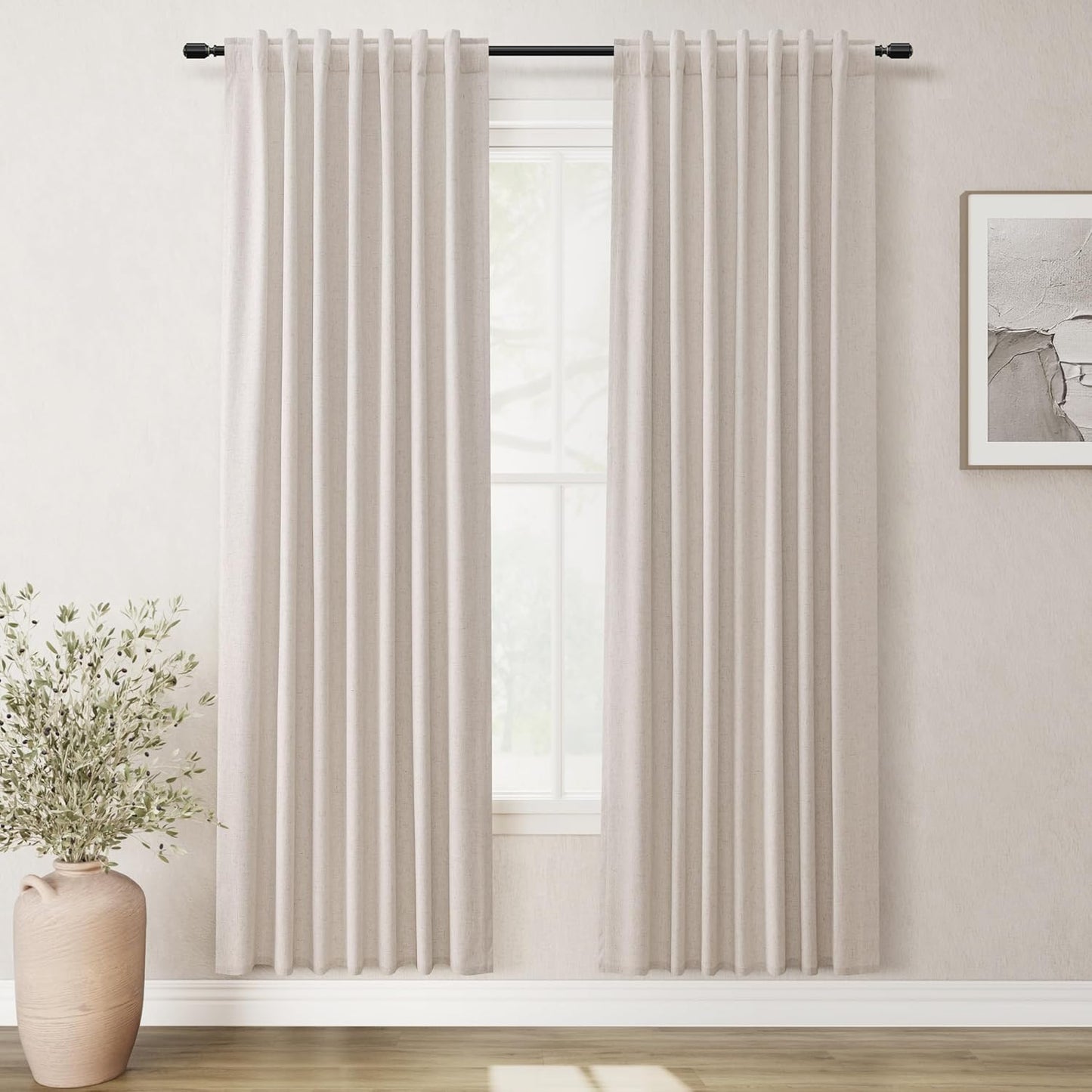 Natural Linen 100% Blackout Curtains for Bedroom 102 Inch Long 2 Panels Window Curtain Floor To Ceiling Length for Living Room Sliding Glass Door Back Tab Cream Linen Room Darkening Drapes 52x102