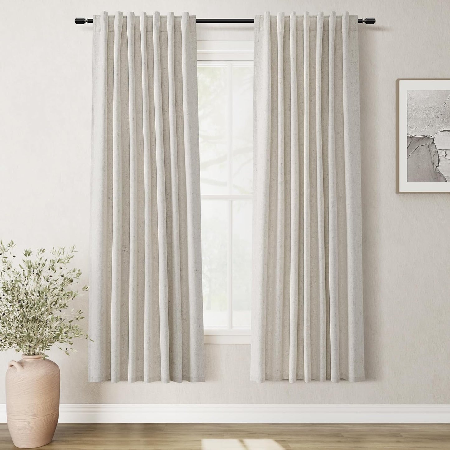 Natural Linen 100% Blackout Curtains for Bedroom 102 Inch Long 2 Panels Window Curtain Floor To Ceiling Length for Living Room Sliding Glass Door Back Tab Cream Linen Room Darkening Drapes 52x102