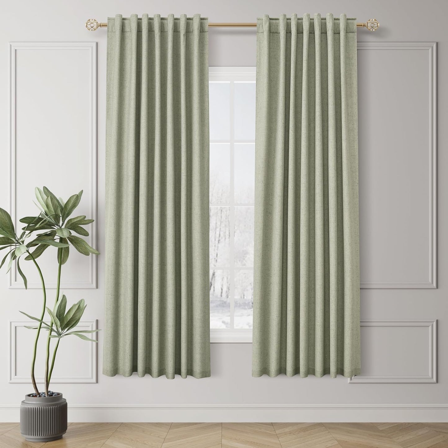Natural Linen 100% Blackout Curtains for Bedroom 102 Inch Long 2 Panels Window Curtain Floor To Ceiling Length for Living Room Sliding Glass Door Back Tab Cream Linen Room Darkening Drapes 52x102