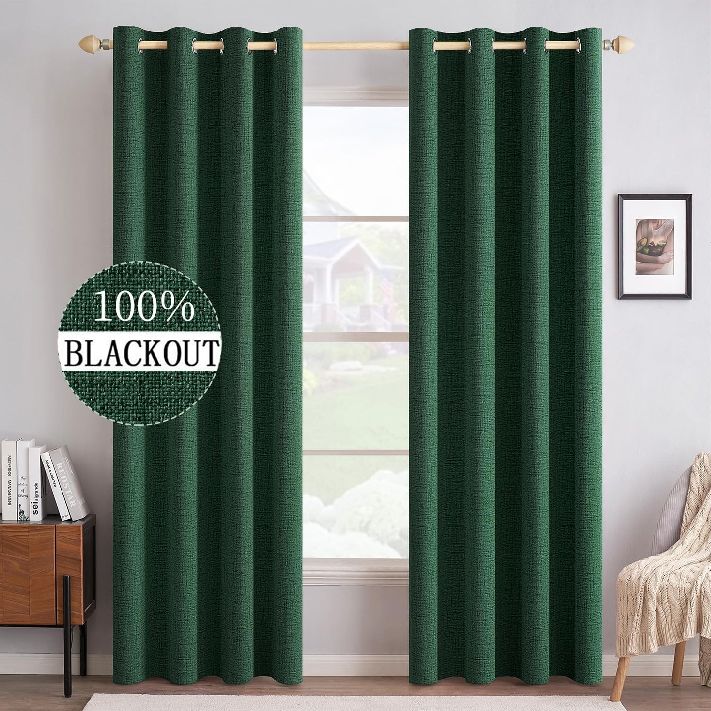 MIULEE 100% Blackout Linen Textured Curtains for Bedroom Solid Thermal Insulated Natural Beige Grommet Room Darkening Curtains & Drapes Luxury Decor for Living Room Nursery 62 x 96 Inch (2 Panels)