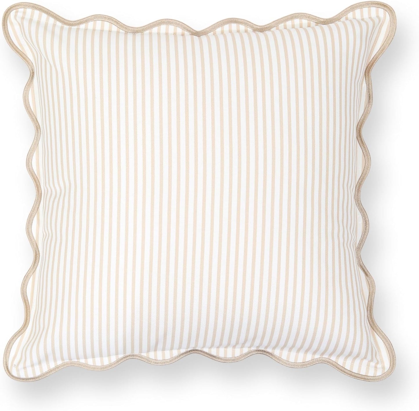 Hofdeco Premium Coastal Patio Indoor Outdoor Scalloped Throw Pillow Cover Only, 20"x20" Water Repellent for Backyard, Couch, Neutral Tan Print Stripes