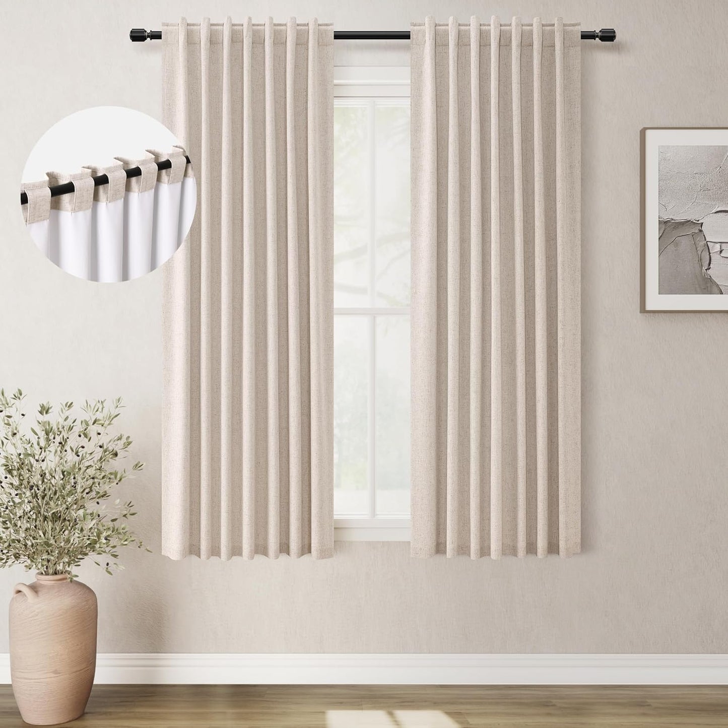 Natural Linen 100% Blackout Curtains for Bedroom 102 Inch Long 2 Panels Window Curtain Floor To Ceiling Length for Living Room Sliding Glass Door Back Tab Cream Linen Room Darkening Drapes 52x102