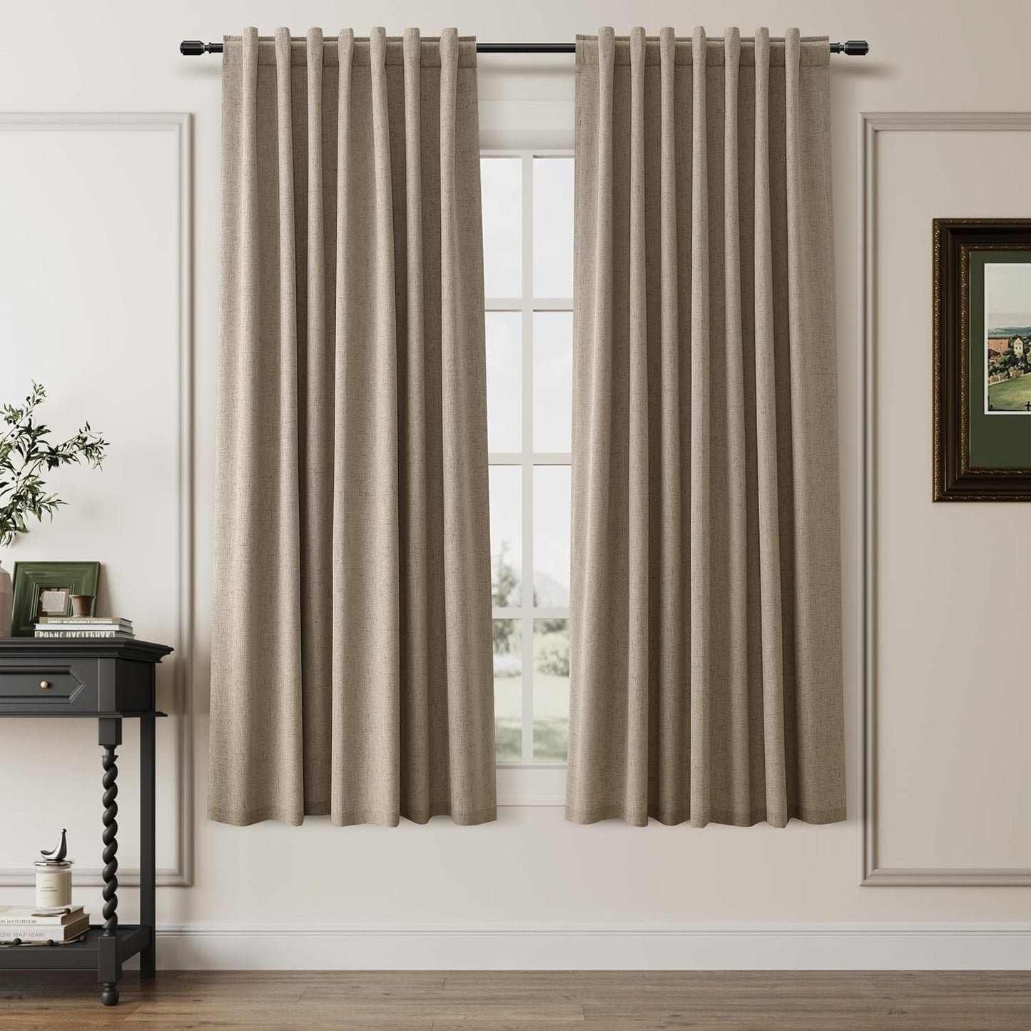 Natural Linen 100% Blackout Curtains for Bedroom 102 Inch Long 2 Panels Window Curtain Floor To Ceiling Length for Living Room Sliding Glass Door Back Tab Cream Linen Room Darkening Drapes 52x102