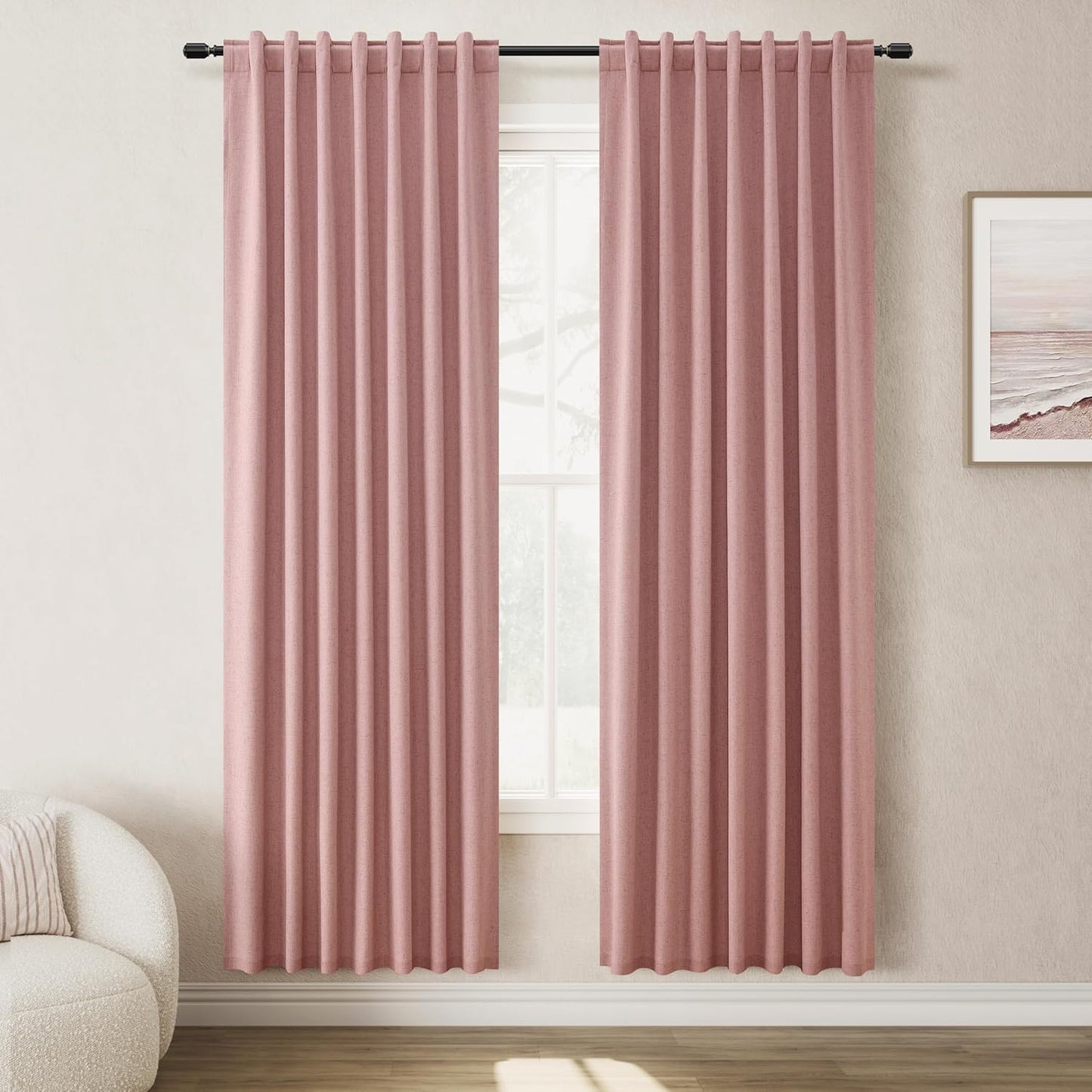 Natural Linen 100% Blackout Curtains for Bedroom 102 Inch Long 2 Panels Window Curtain Floor To Ceiling Length for Living Room Sliding Glass Door Back Tab Cream Linen Room Darkening Drapes 52x102