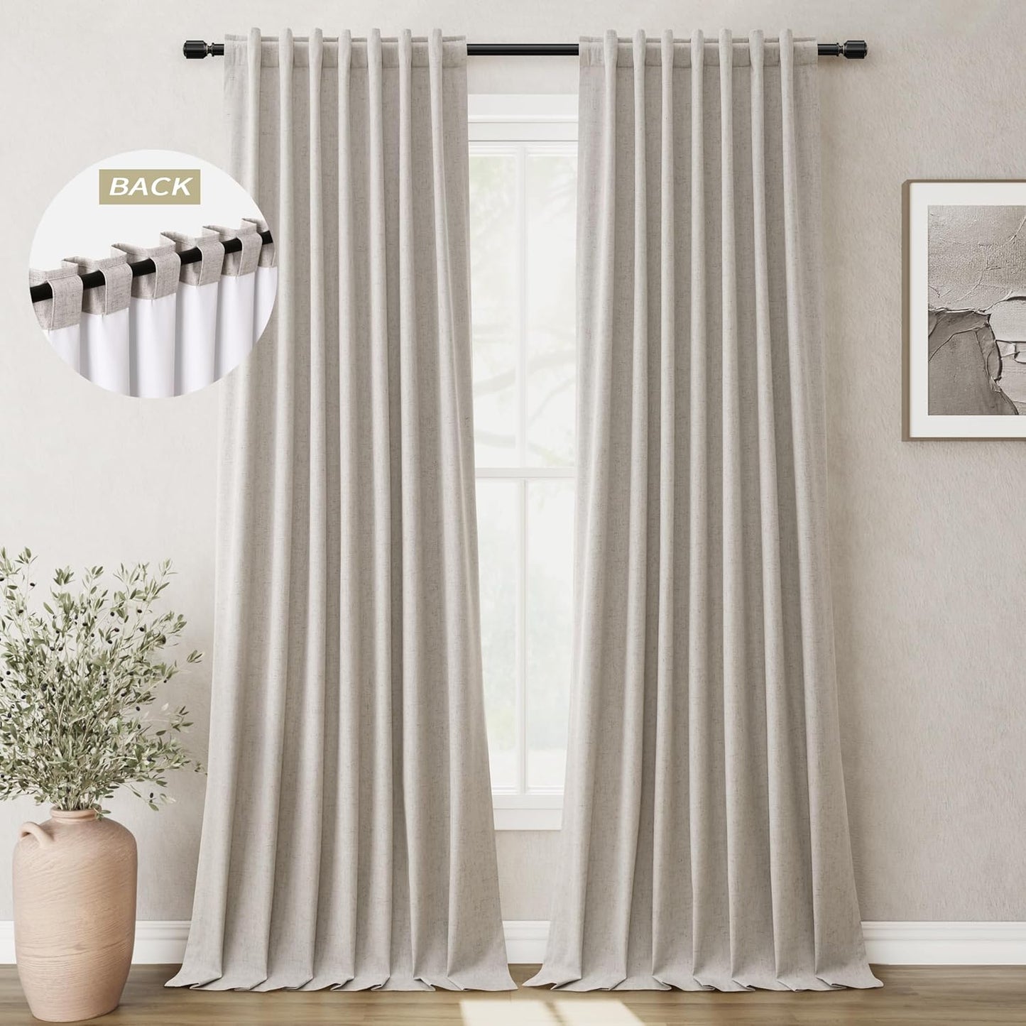 Natural Linen 100% Blackout Curtains for Bedroom 102 Inch Long 2 Panels Window Curtain Floor To Ceiling Length for Living Room Sliding Glass Door Back Tab Cream Linen Room Darkening Drapes 52x102