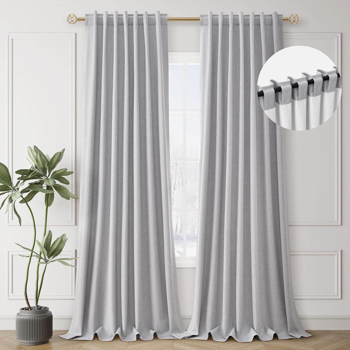 Natural Linen 100% Blackout Curtains for Bedroom 102 Inch Long 2 Panels Window Curtain Floor To Ceiling Length for Living Room Sliding Glass Door Back Tab Cream Linen Room Darkening Drapes 52x102