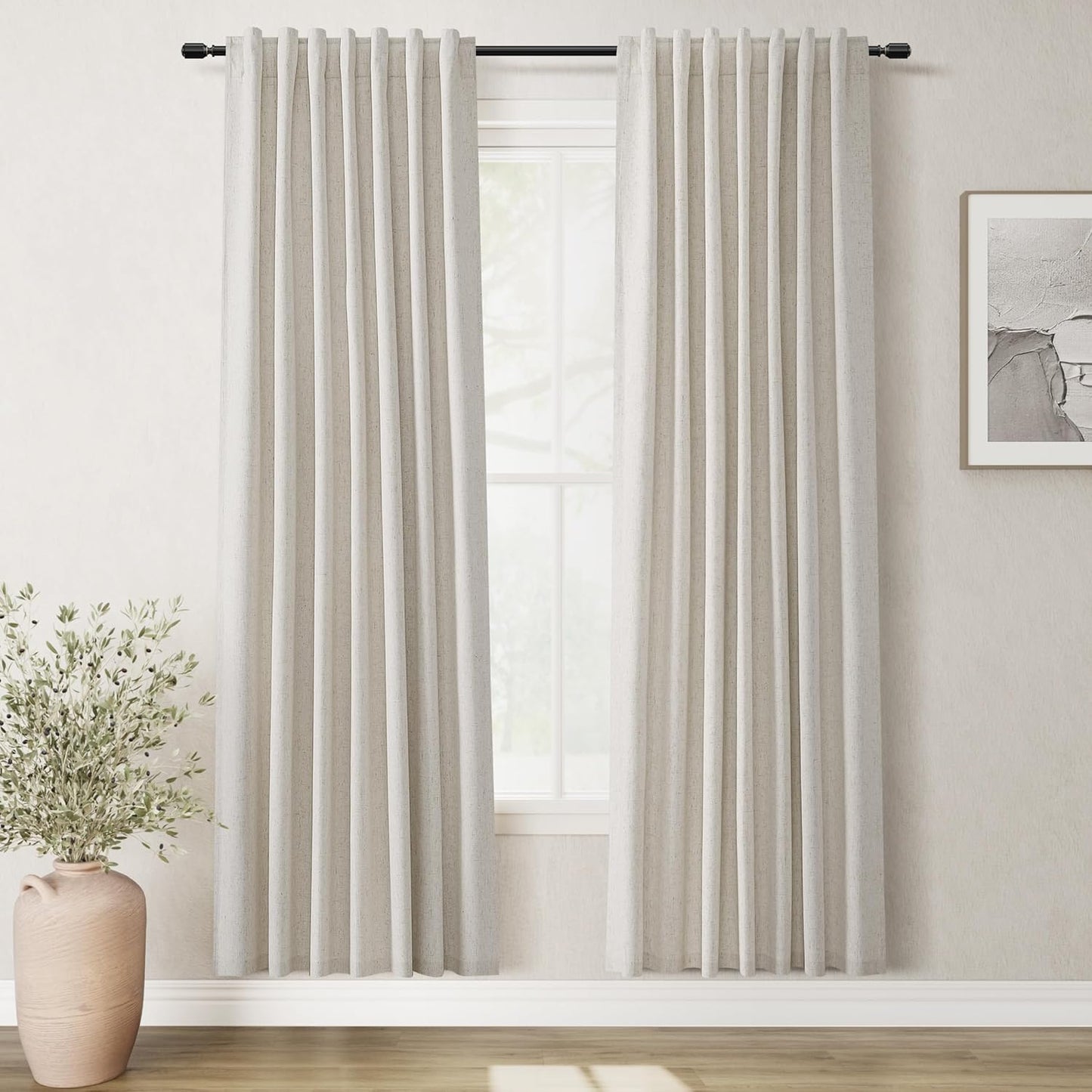 Natural Linen 100% Blackout Curtains for Bedroom 102 Inch Long 2 Panels Window Curtain Floor To Ceiling Length for Living Room Sliding Glass Door Back Tab Cream Linen Room Darkening Drapes 52x102