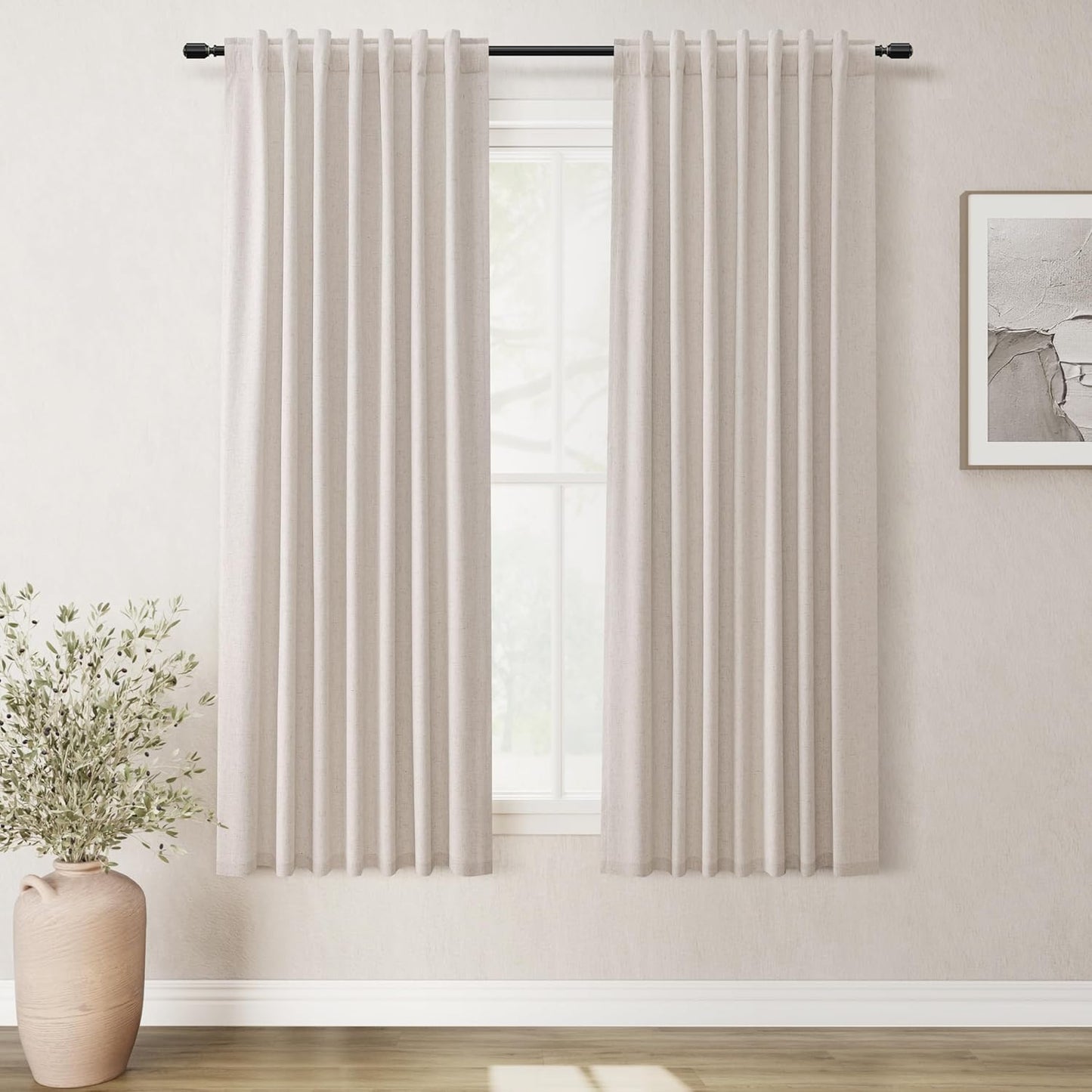 Natural Linen 100% Blackout Curtains for Bedroom 102 Inch Long 2 Panels Window Curtain Floor To Ceiling Length for Living Room Sliding Glass Door Back Tab Cream Linen Room Darkening Drapes 52x102