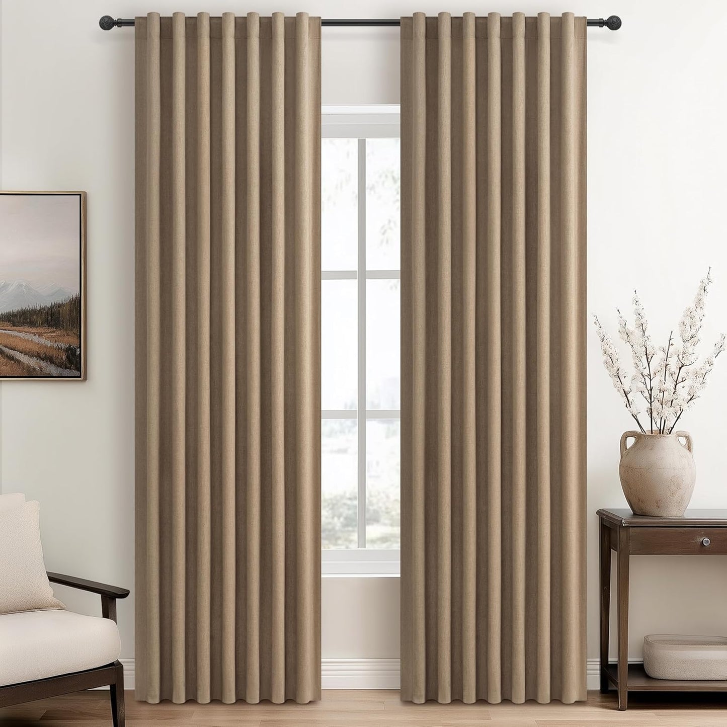 Natural Linen Blackout 92 Inch Bedroom Curtains 2 Panel Sets, Rustic Boho Cream Pleated Ceiling Track Curtain for Dining Room Heat Blocking Privacy Heavy Drape 92 Inches Long Oatmeal Back Tab