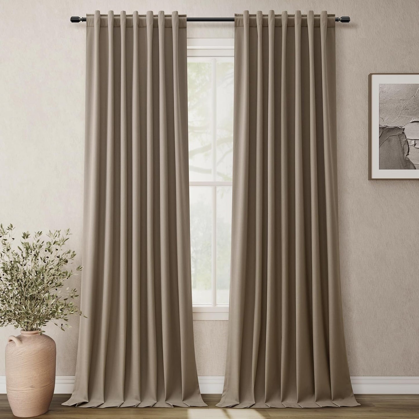 Natural Linen 100% Blackout Curtains for Bedroom 102 Inch Long 2 Panels Window Curtain Floor To Ceiling Length for Living Room Sliding Glass Door Back Tab Cream Linen Room Darkening Drapes 52x102