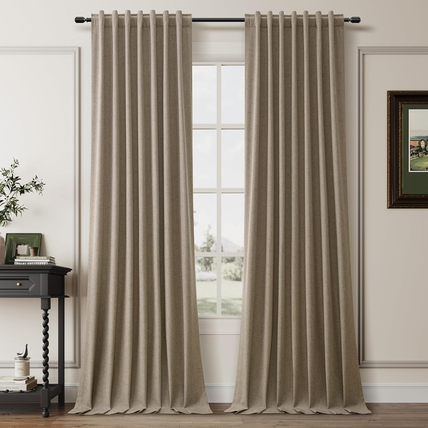 Natural Linen 100% Blackout Curtains for Bedroom 102 Inch Long 2 Panels Window Curtain Floor To Ceiling Length for Living Room Sliding Glass Door Back Tab Cream Linen Room Darkening Drapes 52x102